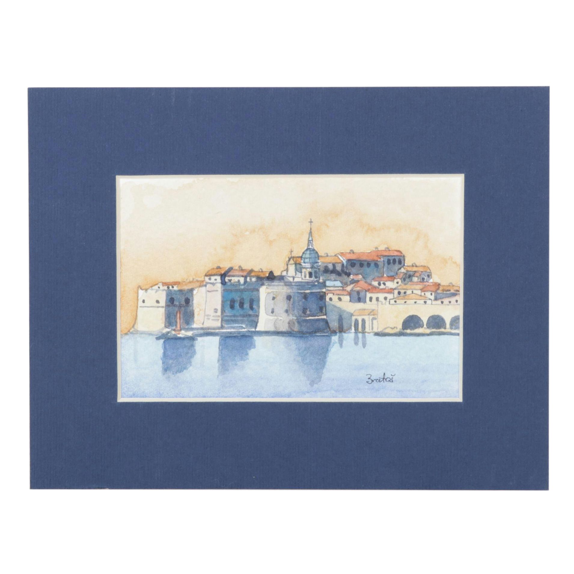 Dubravka Bratoš Krasnić Watercolor Seaside Landscape in Contrasting Colors