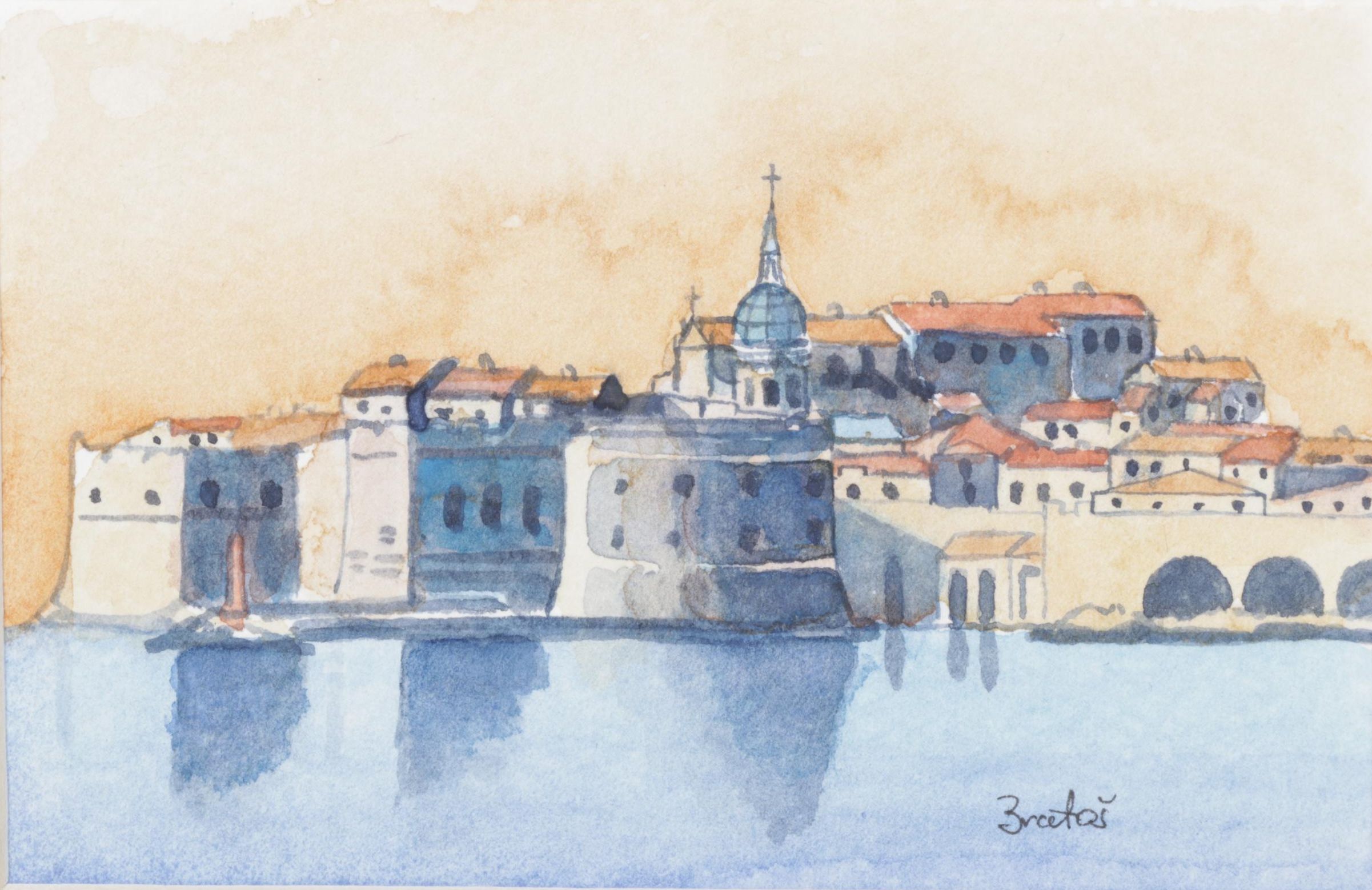 Dubravka Bratoš Krasnić Watercolor Seaside Landscape in Contrasting Colors