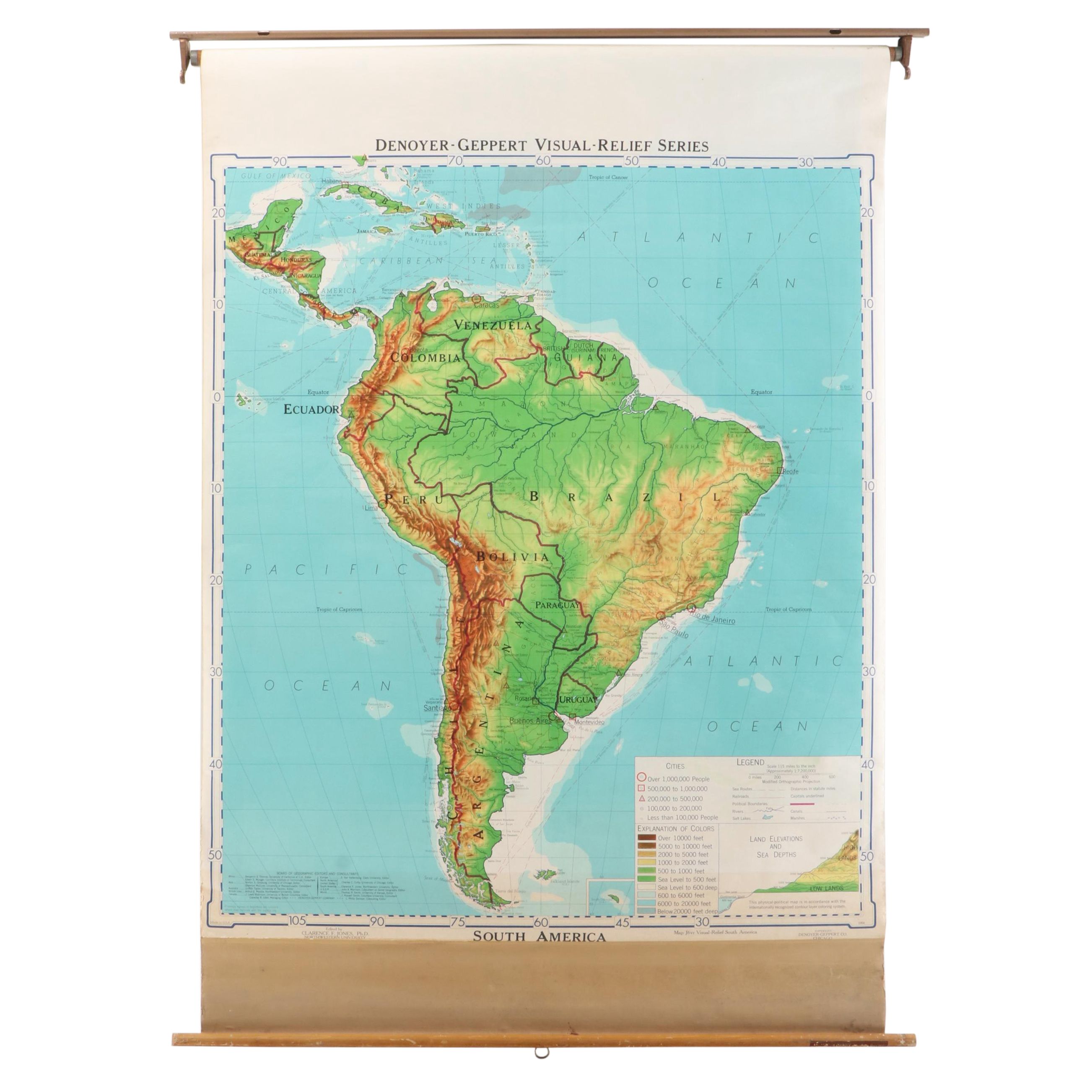 Denoyer-Geppert Co. South America Visual Relief Pull Down Map