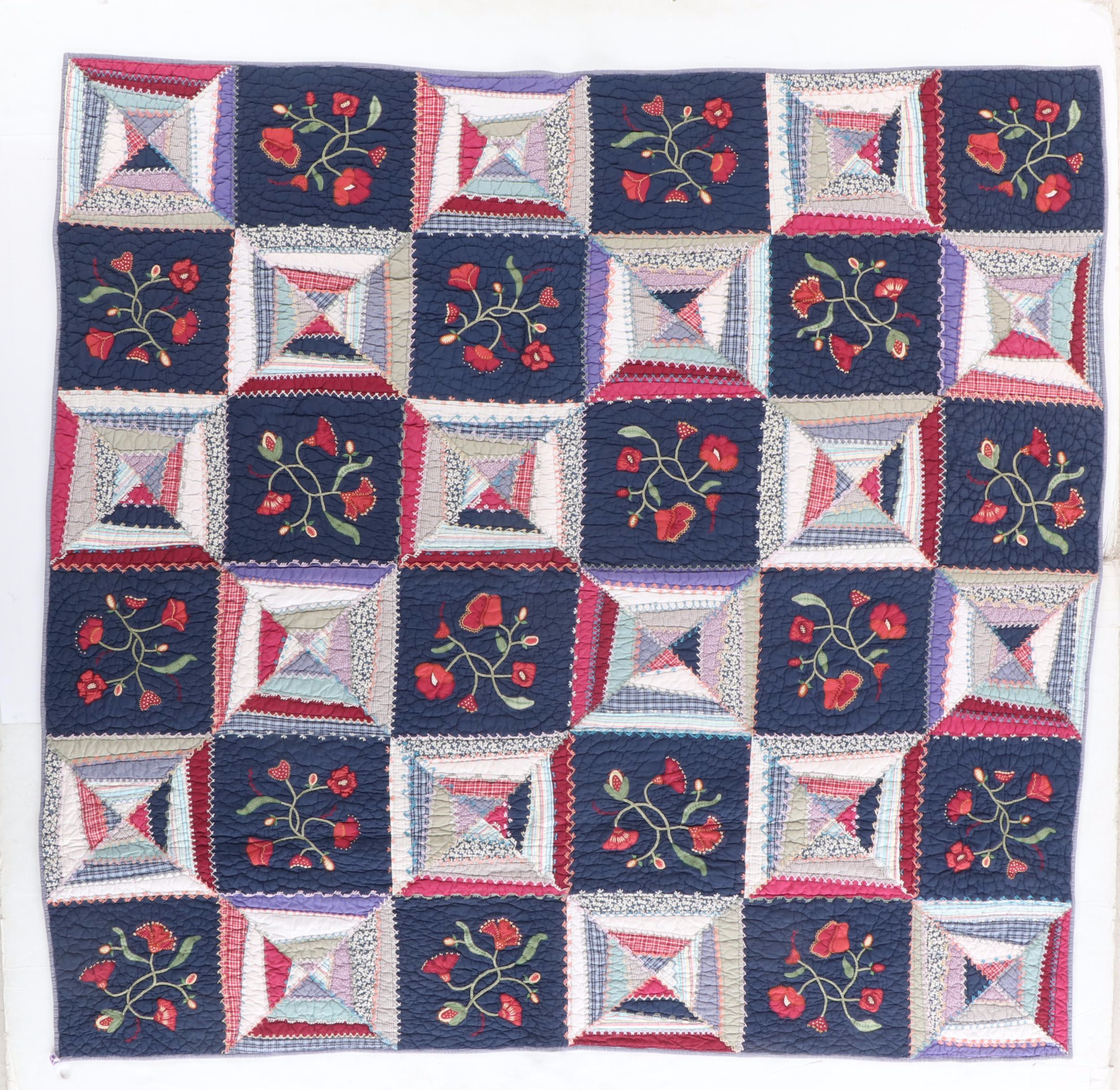Pottery Barn Red and Blue Floral Cotton Quilt and Shams