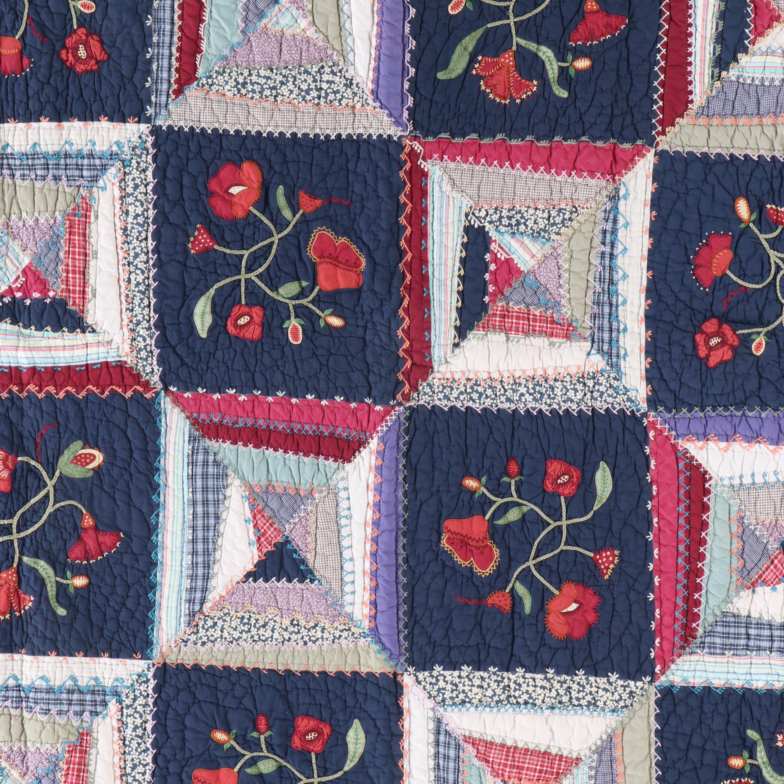 Pottery Barn Red and Blue Floral Cotton Quilt and Shams