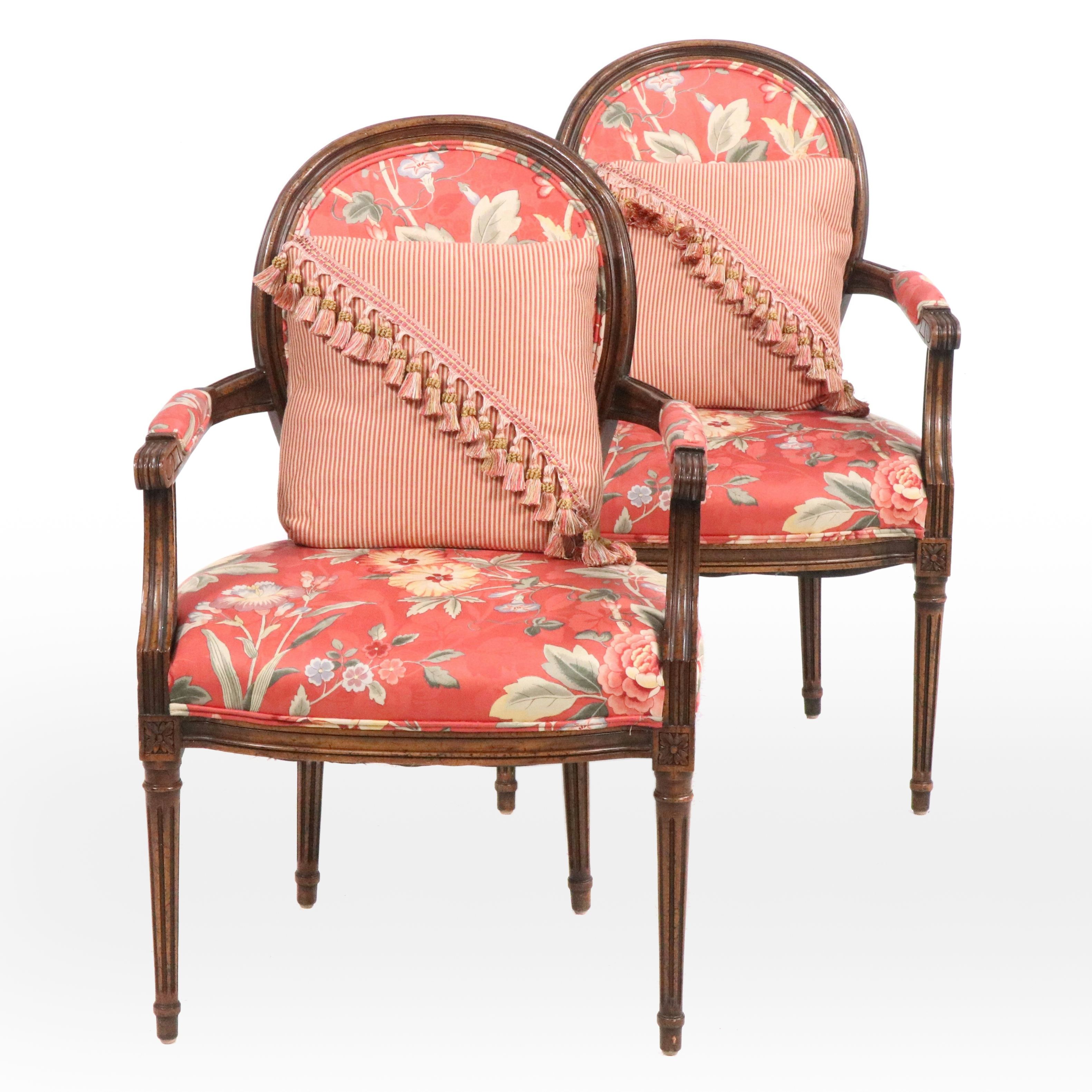 Pair of Louis XVI Style Floral Upholstered Armchairs with Accent Pillows