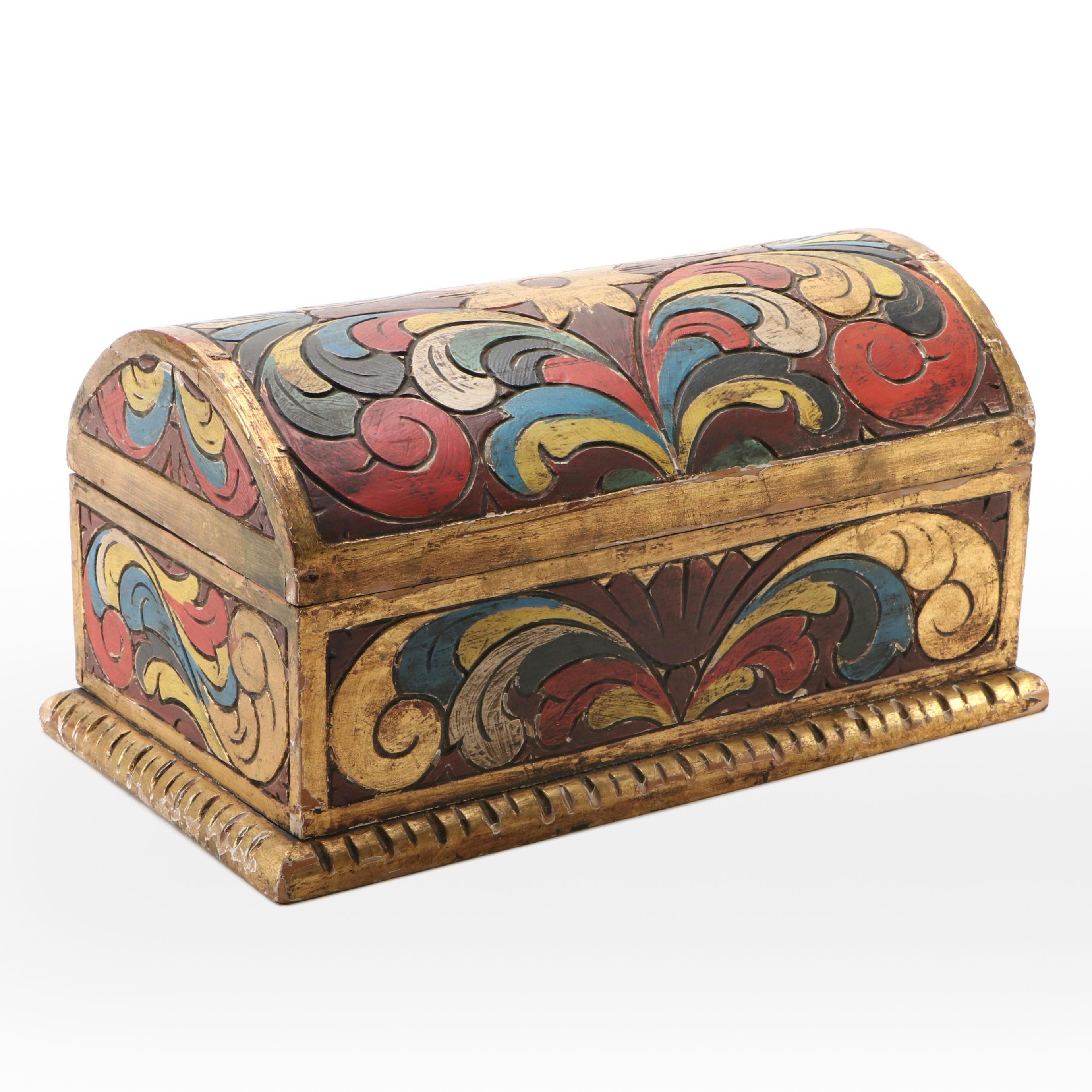 Mexican Painted Floral Carved Wood Decorative Box