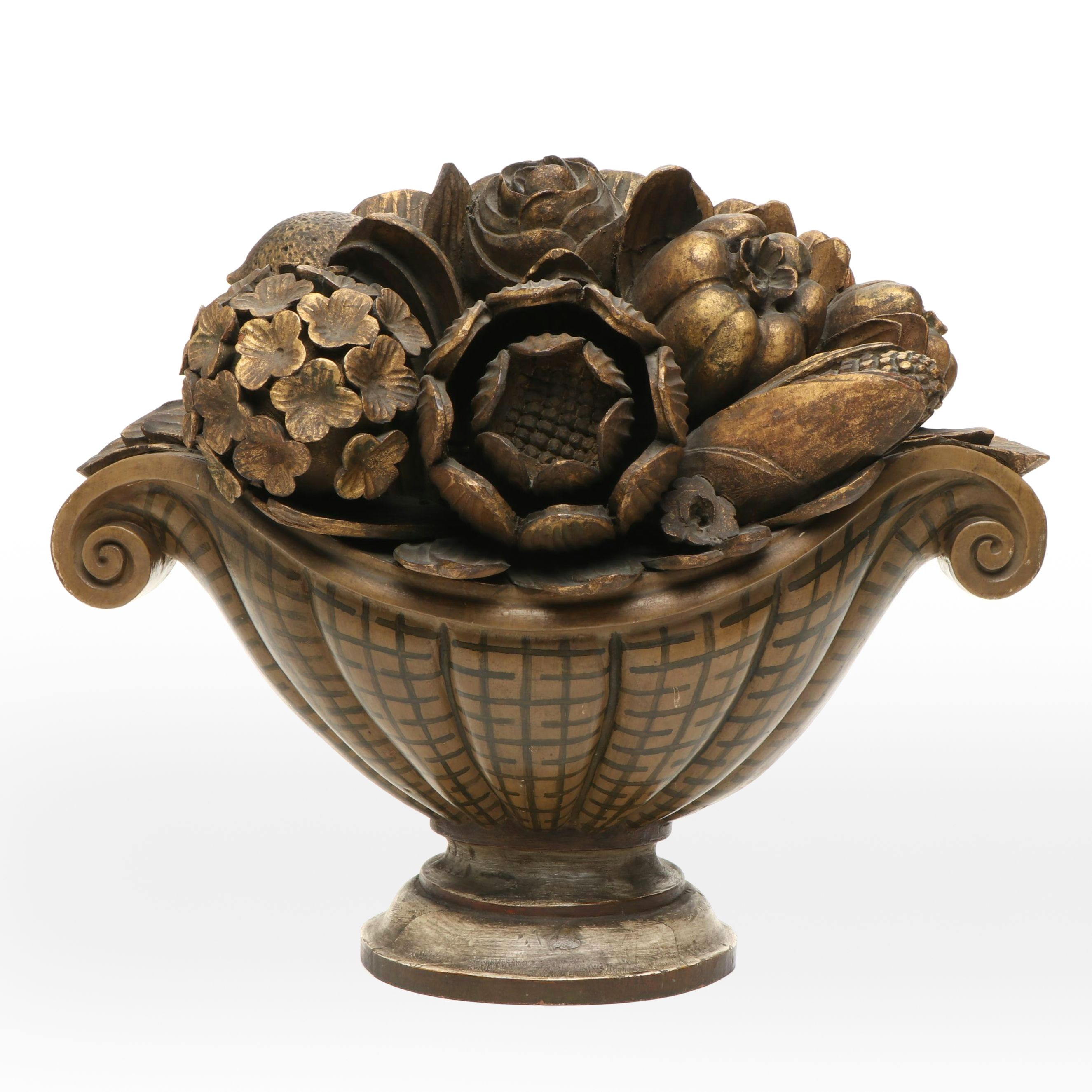 Carved Wood Flower Basket Figure