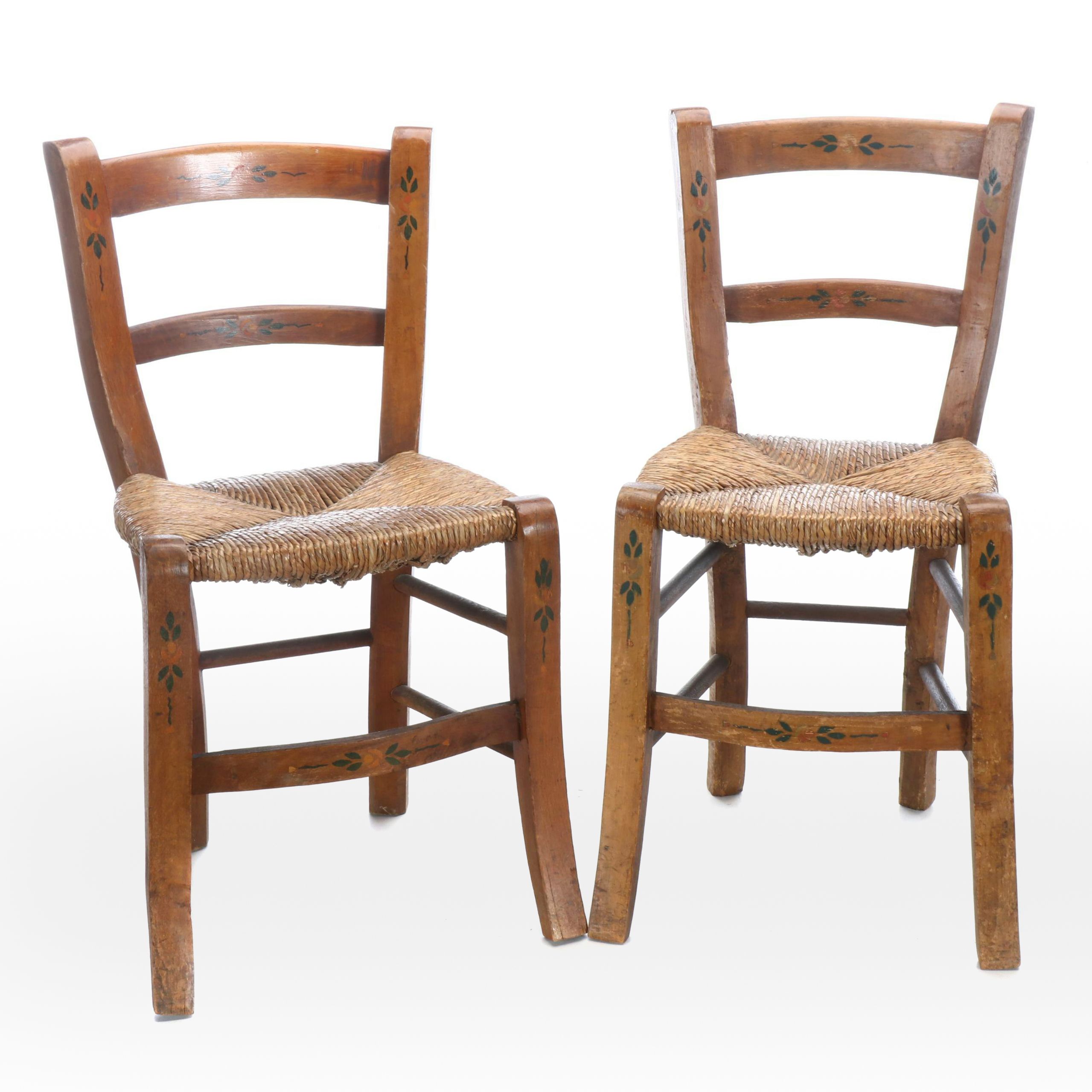 Primitive Style Stencil-Decorated Wooden Chairs with Rush Seats