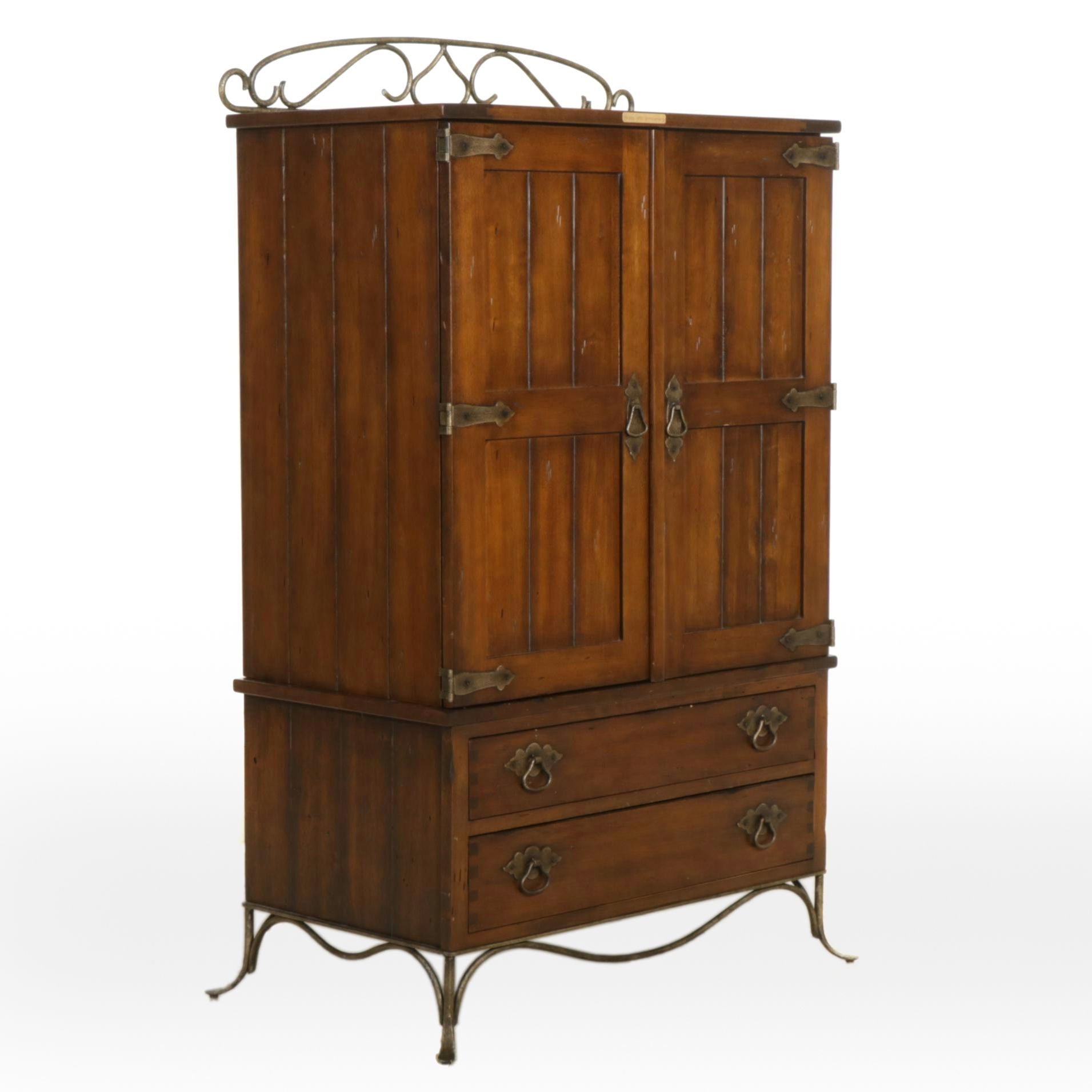 Rustic Wood and Forged Metal Media Cabinet, Early 20th Century