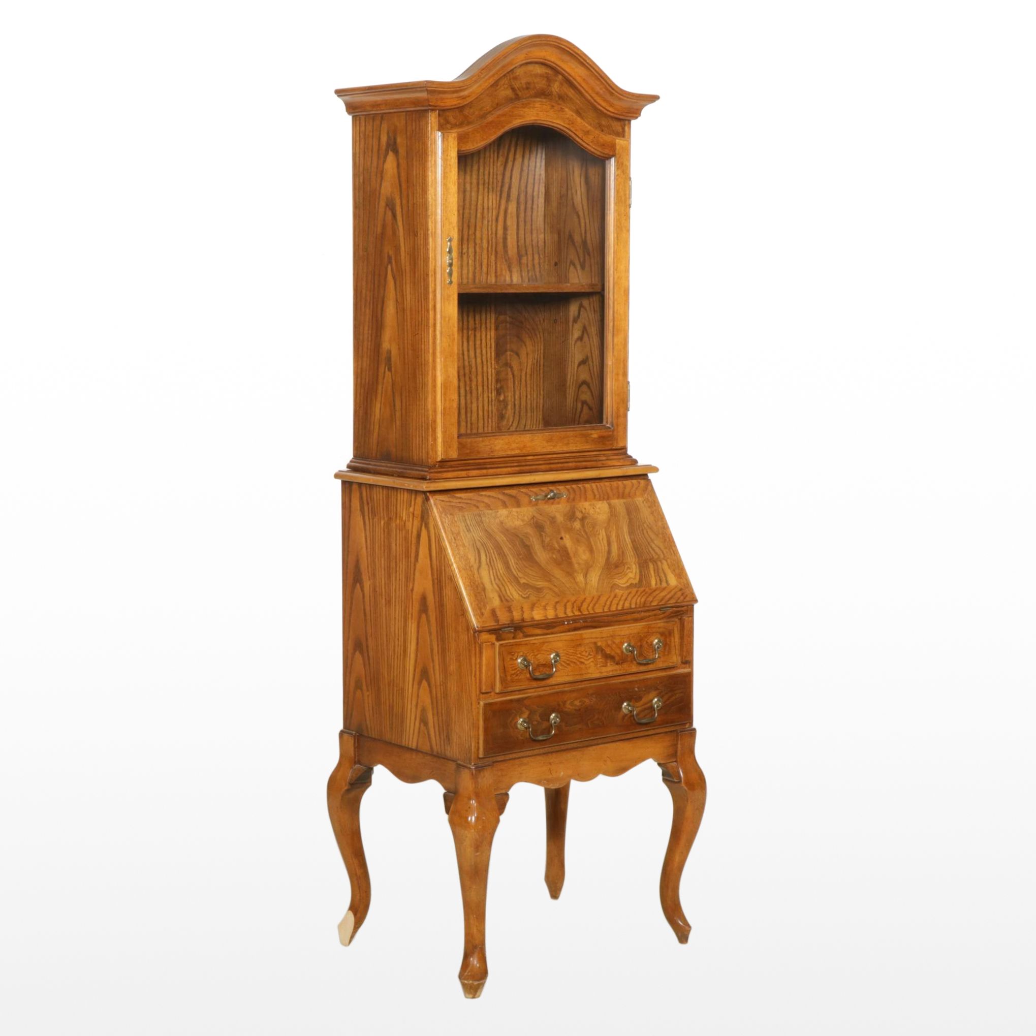 Queen Anne Style Oak and Burl Wood Secretary Desk, Late 20th Century