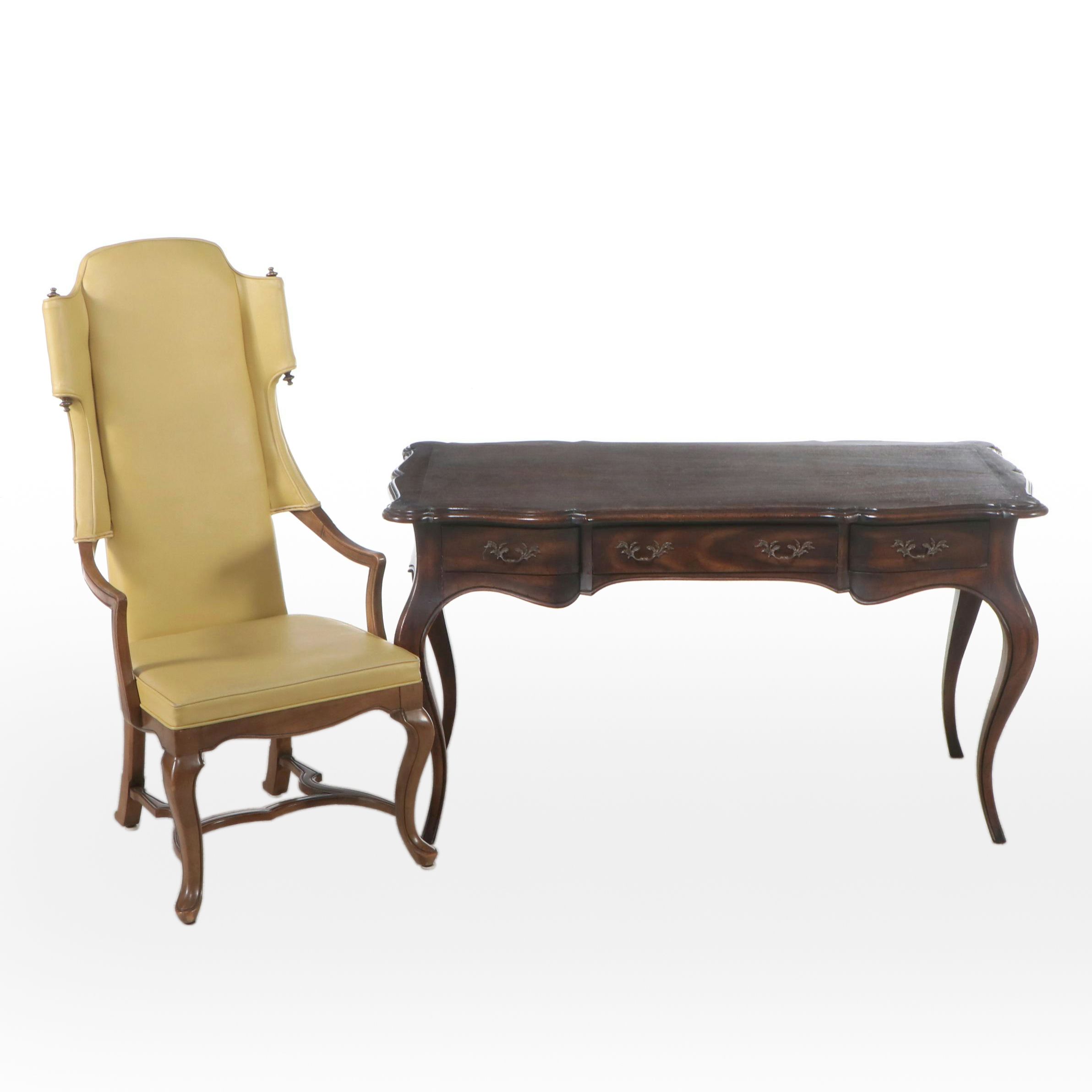 Wellington Hall Walnut Finish Louis XV Style Desk and Provincial Style Wingback