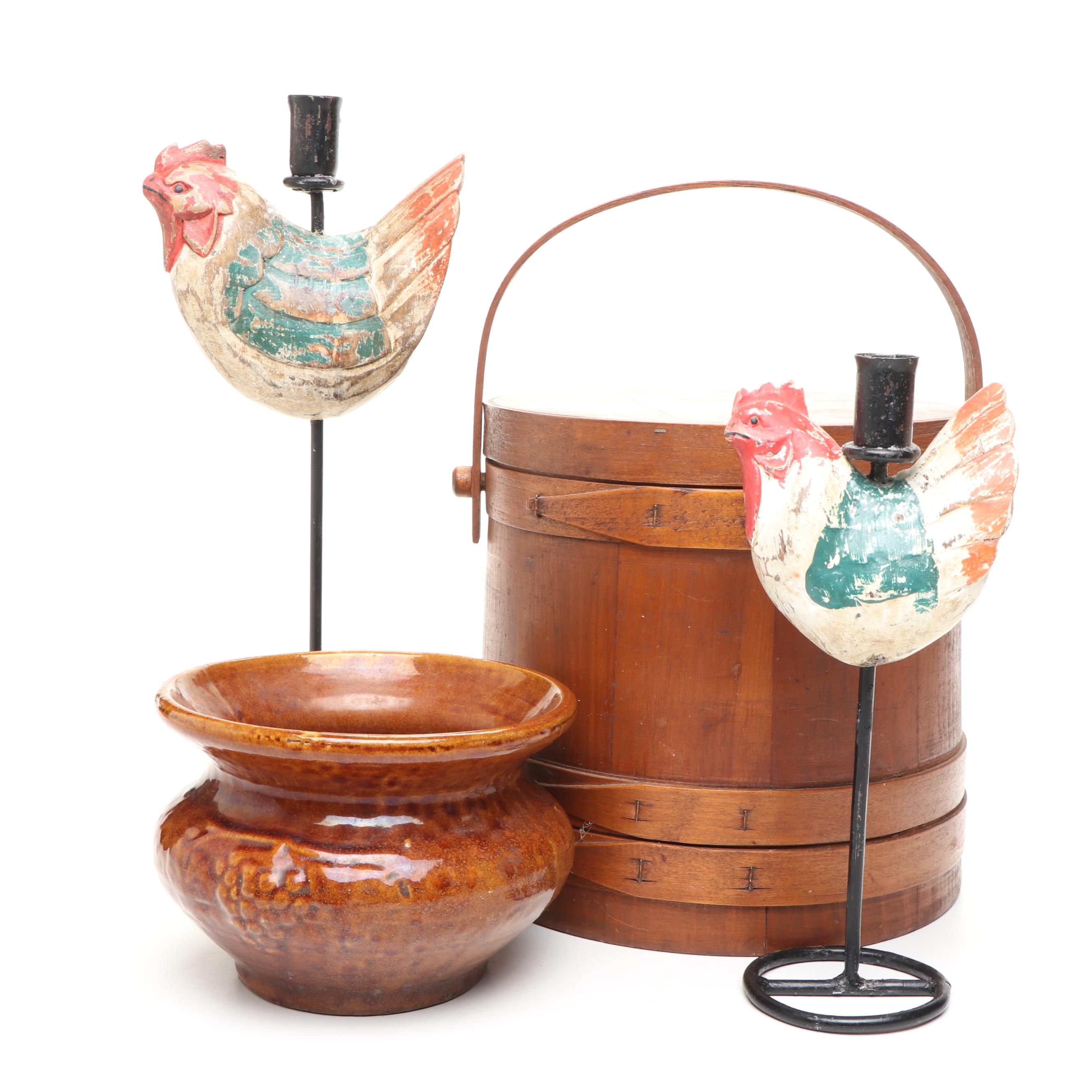Painted Wooden Rooster Candlesticks, Wooden Lidded Bucket, and Ceramic Planter