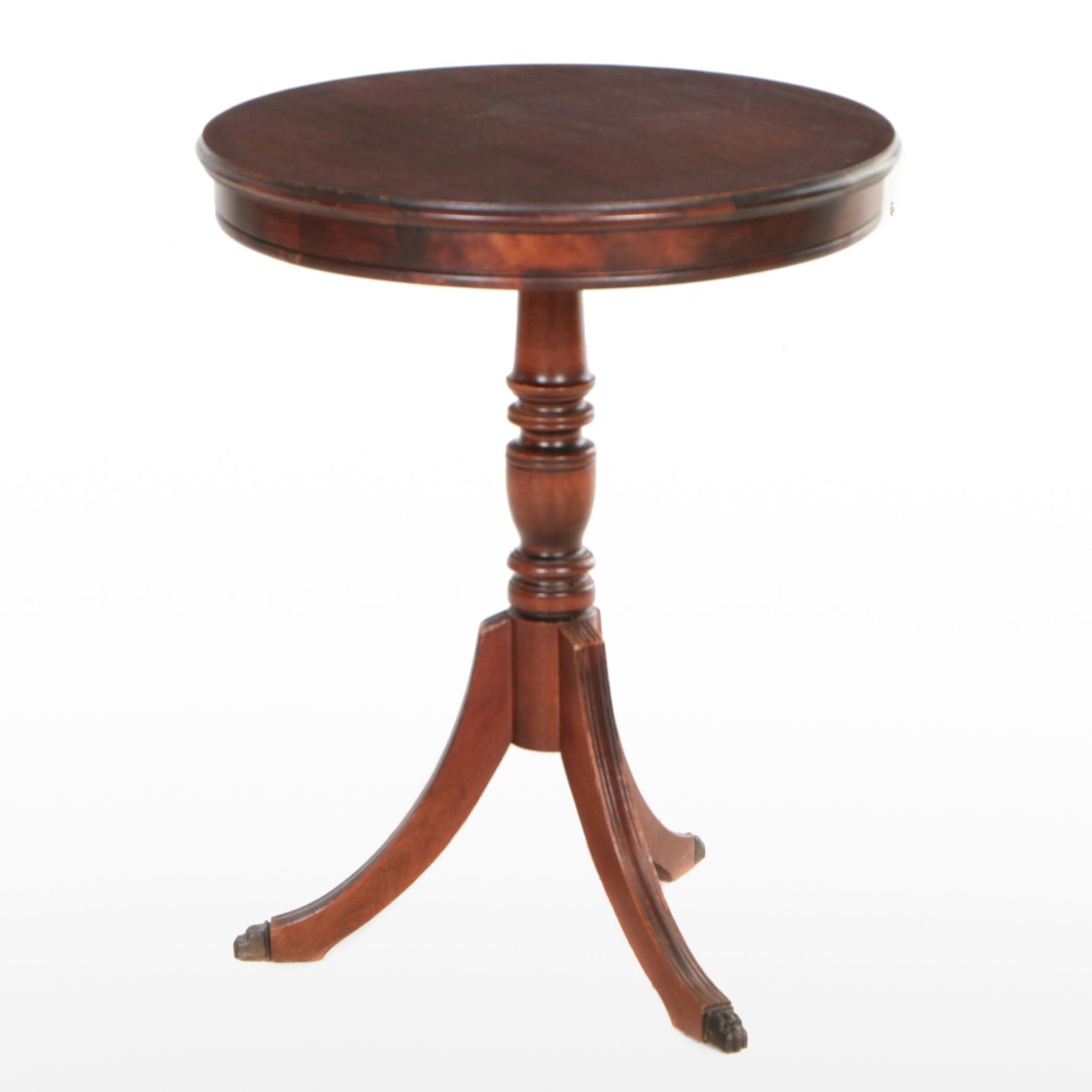 Mahogany Federal Style Drum Table With Three Legs and Metal Claw Feet Overlays