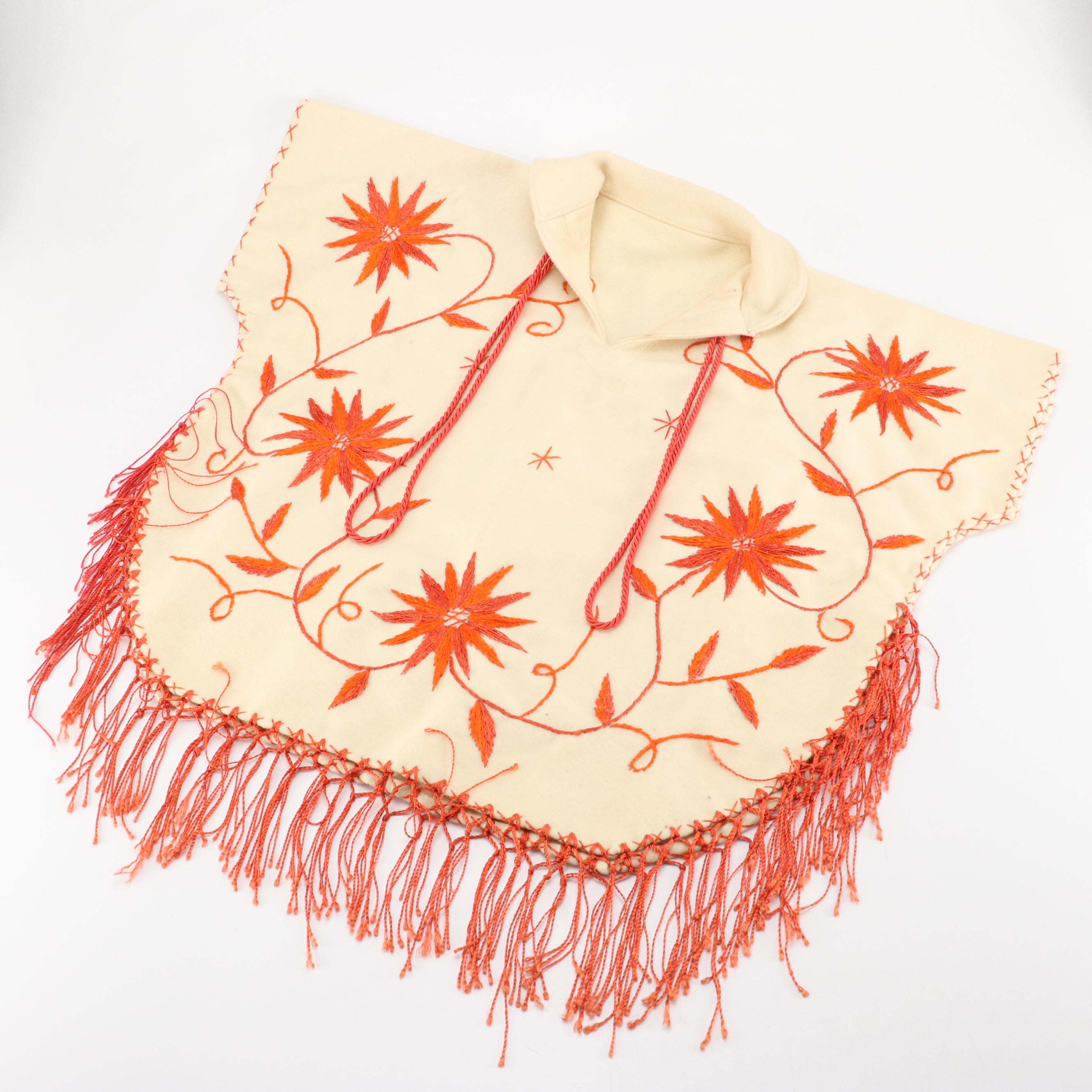 Vintage Zwicker Wool Knit Beanie, Large Scarf and Embroidered Fringe Poncho