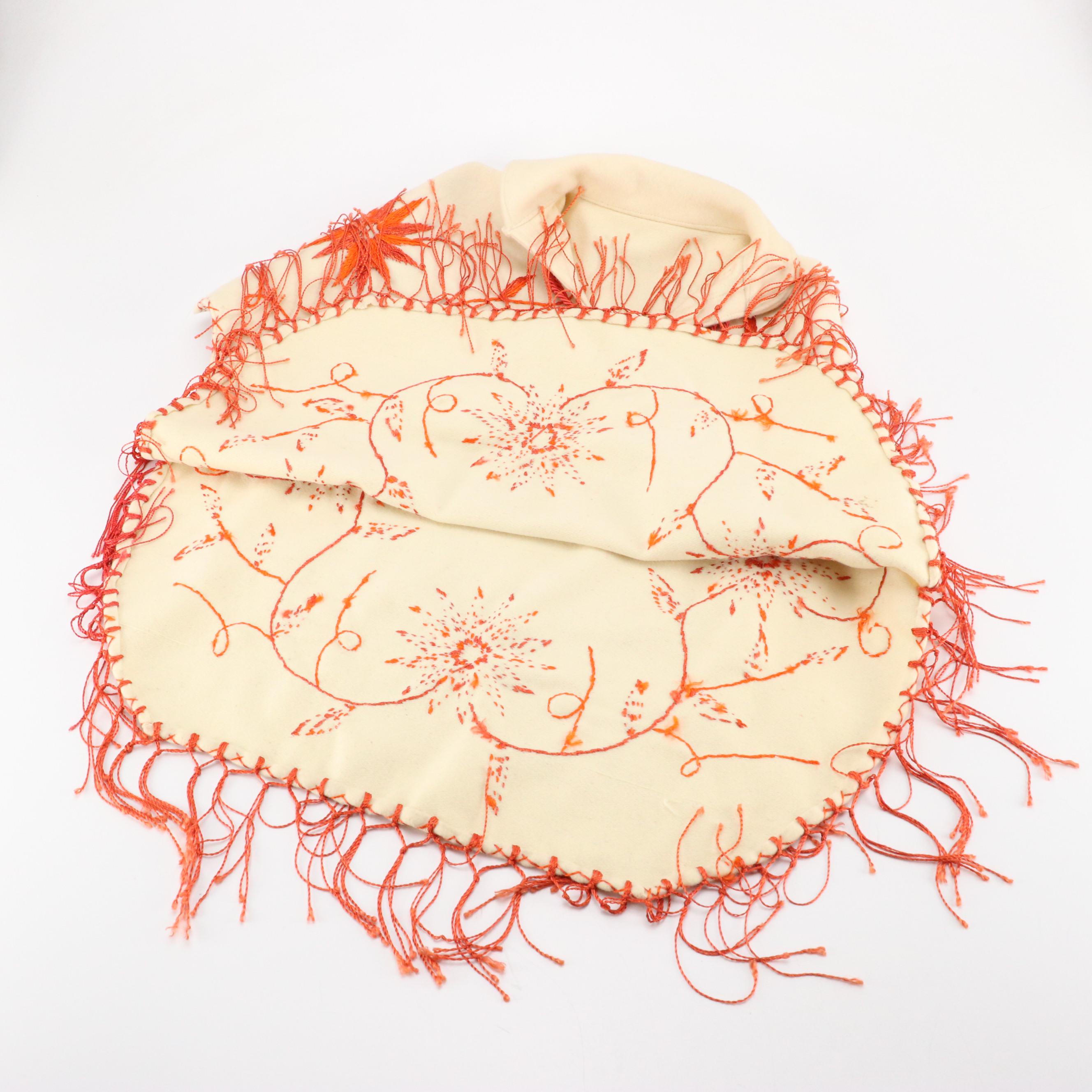 Vintage Zwicker Wool Knit Beanie, Large Scarf and Embroidered Fringe Poncho