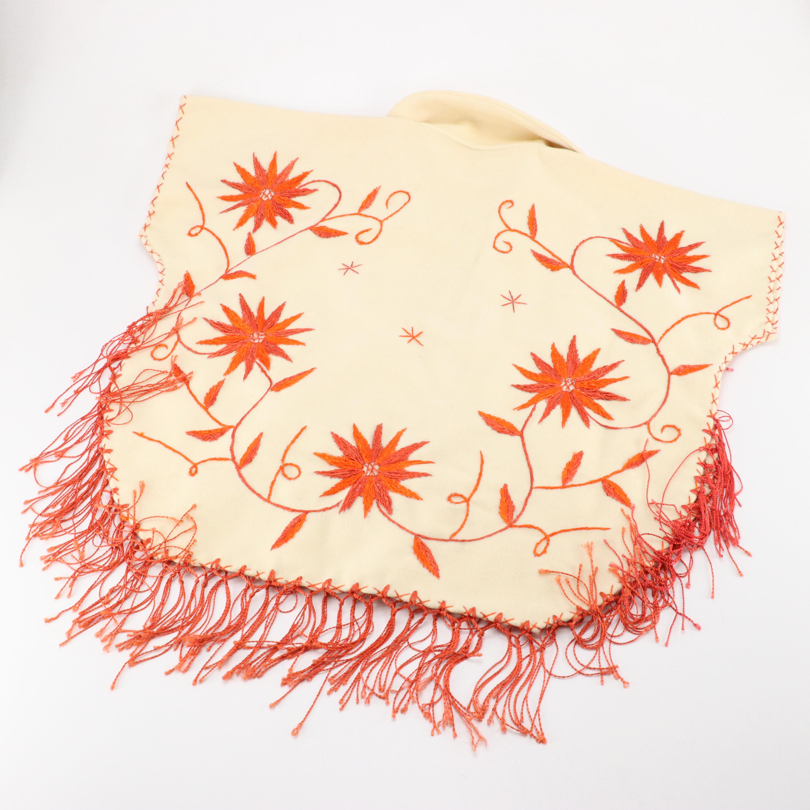 Vintage Zwicker Wool Knit Beanie, Large Scarf and Embroidered Fringe Poncho