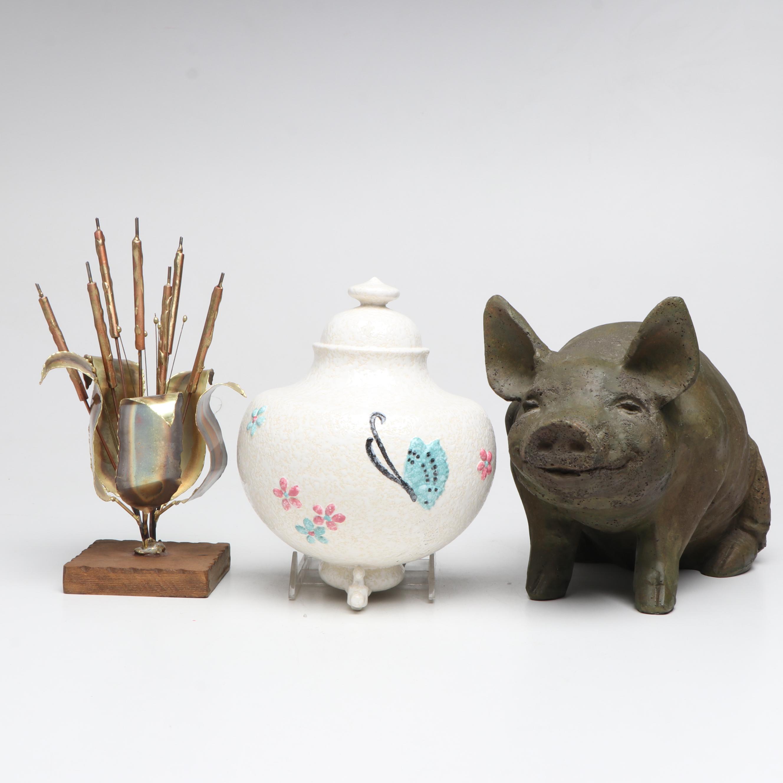 Brutalist Style Brass Cattail Sculpture with Ceramic Lavabo and Pig