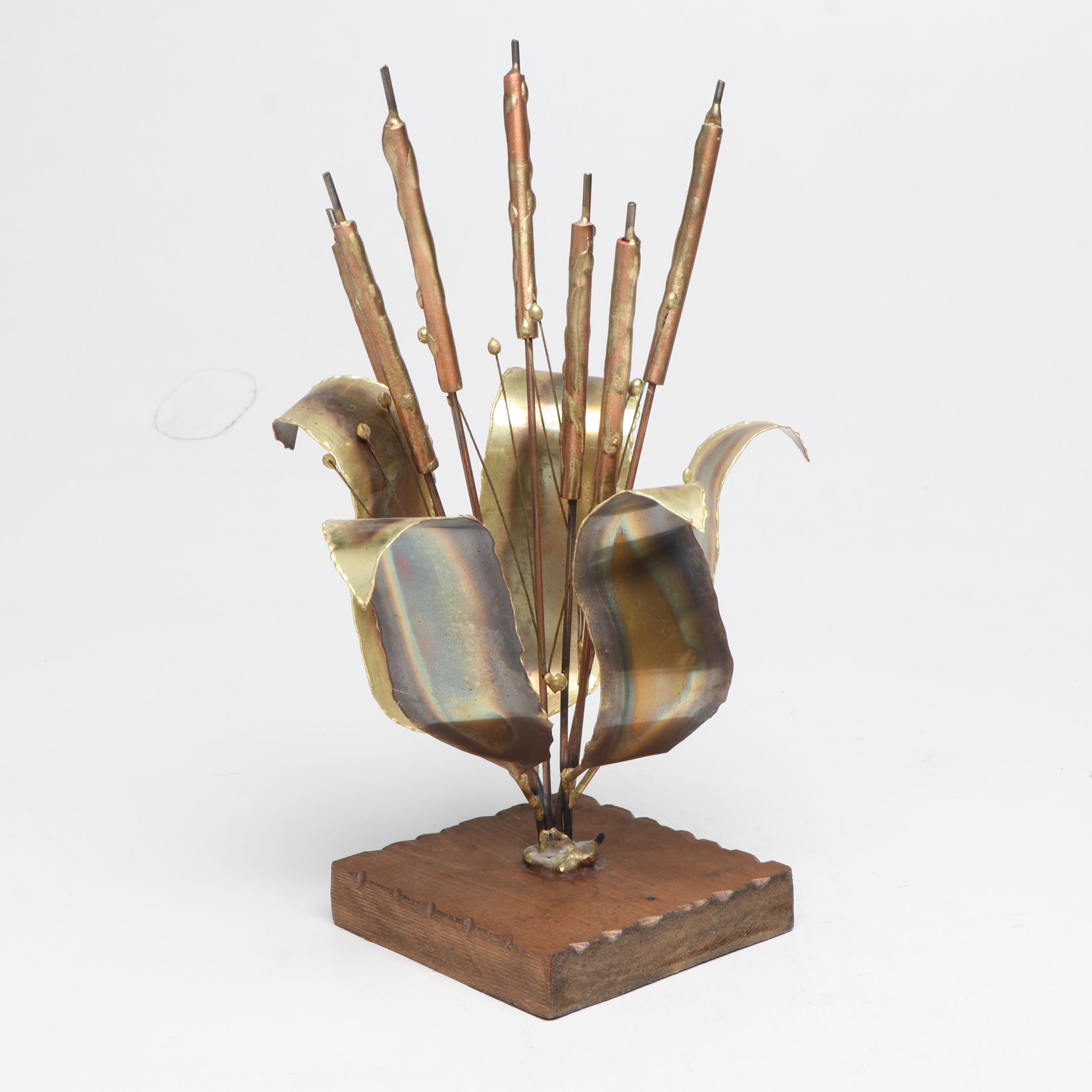 Brutalist Style Brass Cattail Sculpture with Ceramic Lavabo and Pig