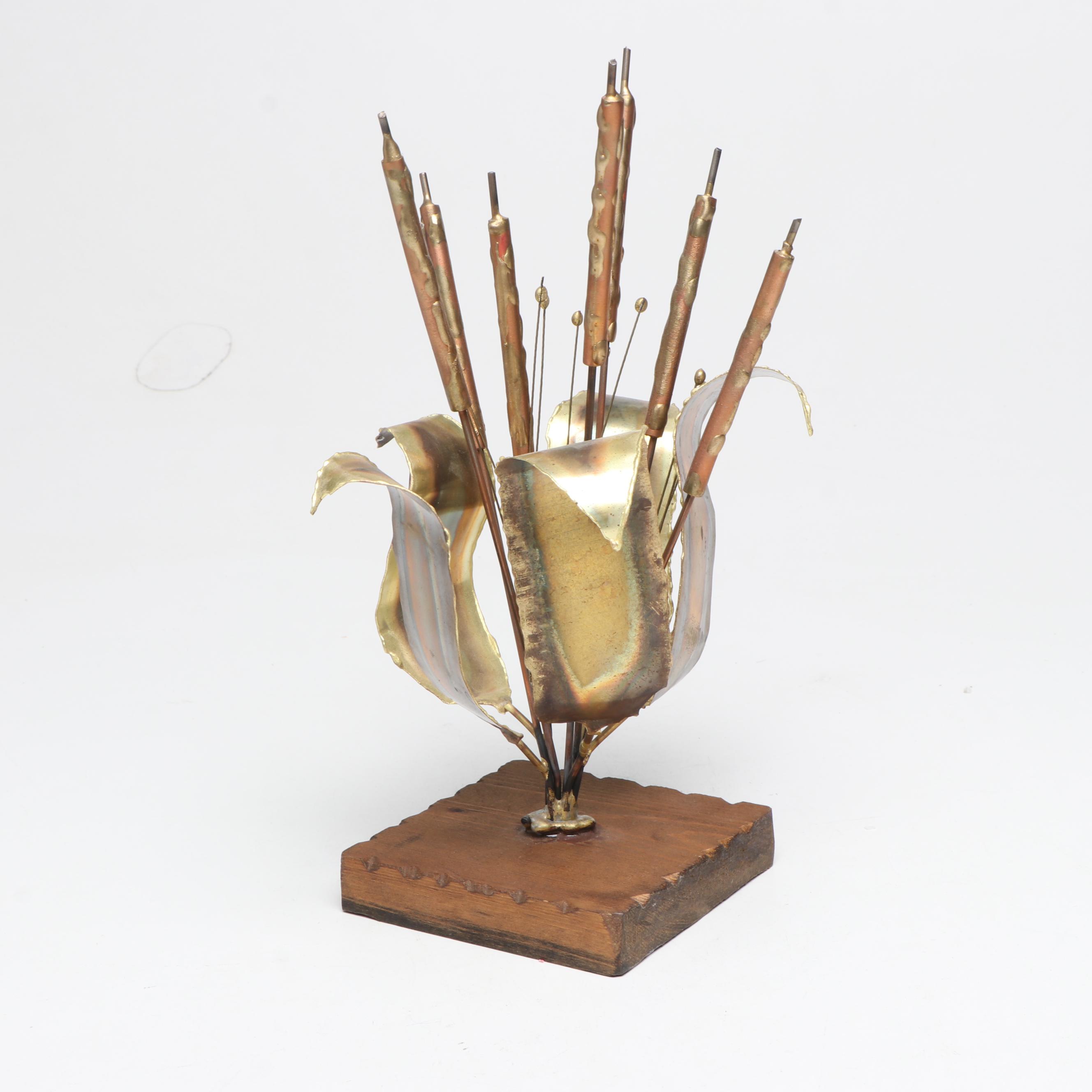 Brutalist Style Brass Cattail Sculpture with Ceramic Lavabo and Pig