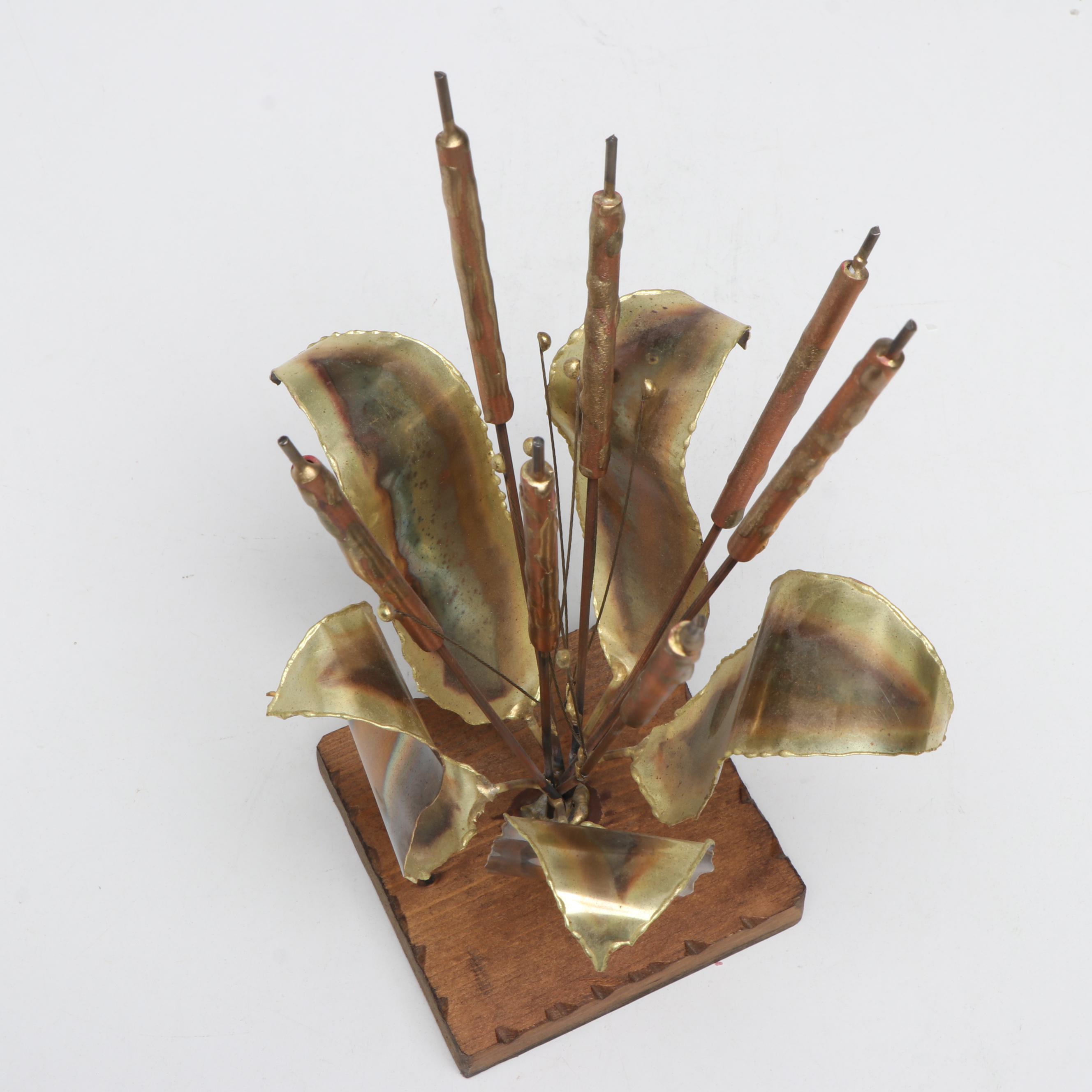 Brutalist Style Brass Cattail Sculpture with Ceramic Lavabo and Pig