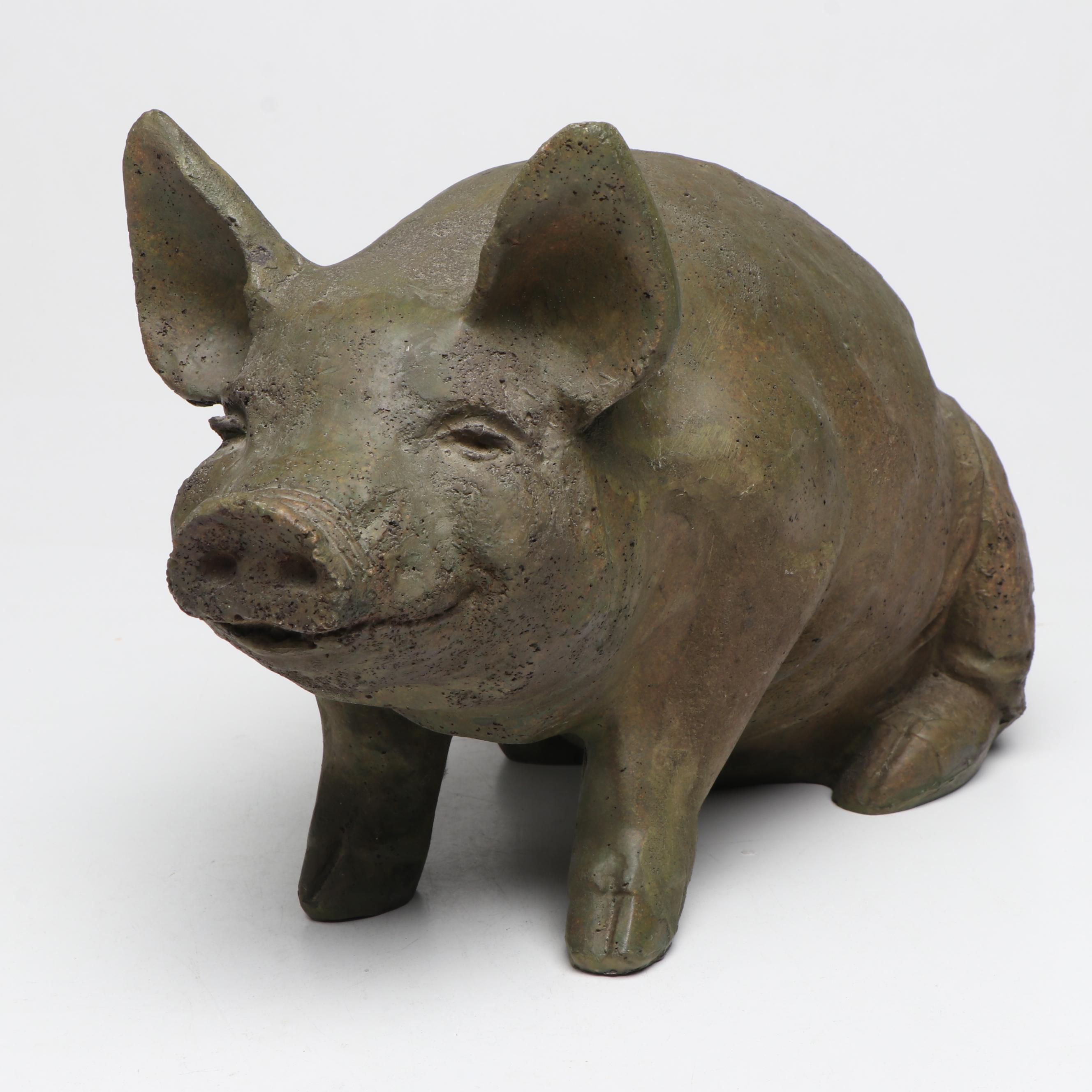 Brutalist Style Brass Cattail Sculpture with Ceramic Lavabo and Pig