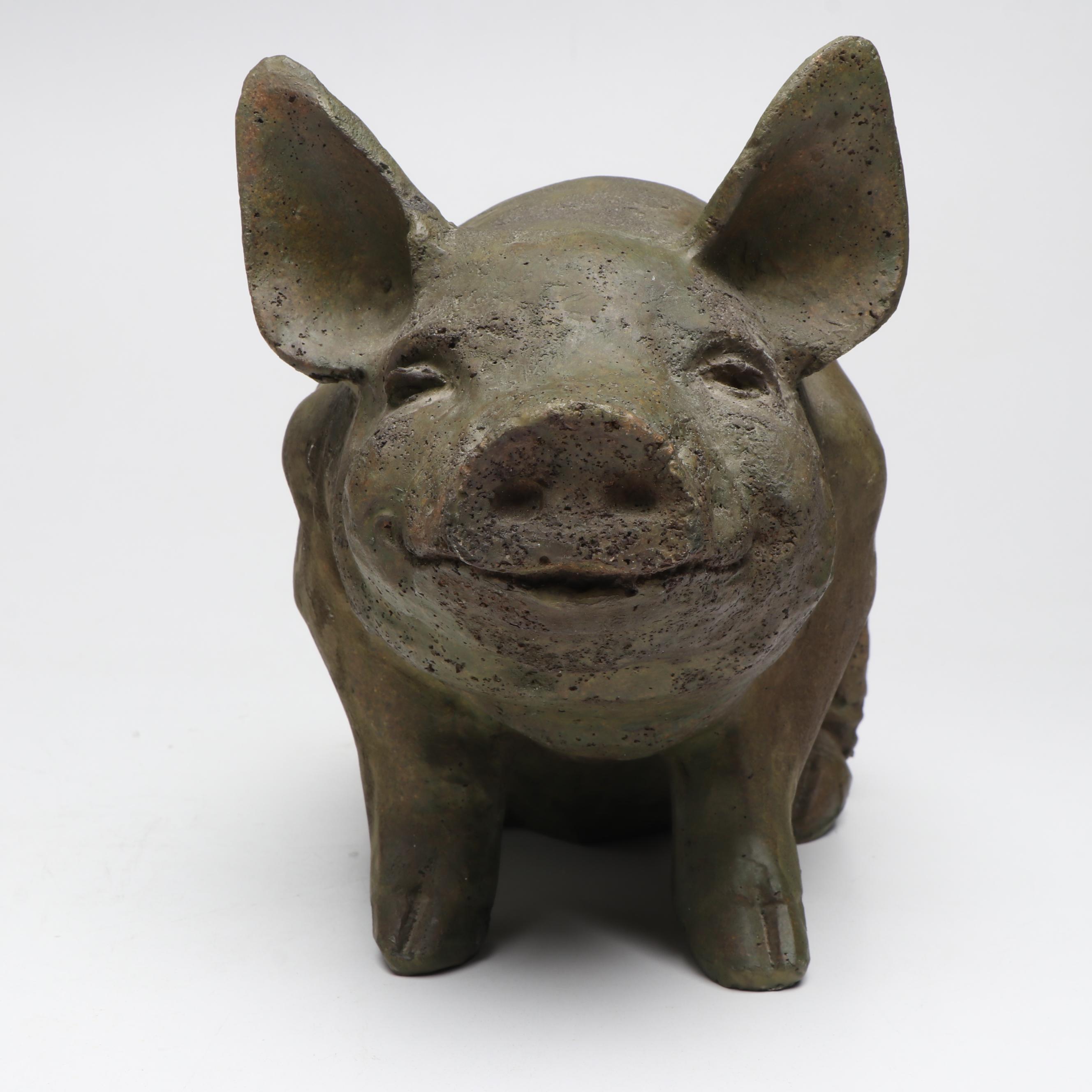 Brutalist Style Brass Cattail Sculpture with Ceramic Lavabo and Pig