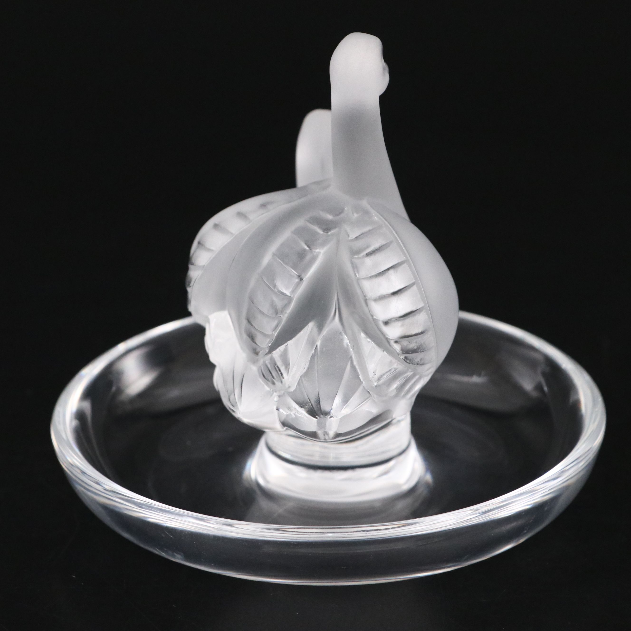 Lalique "Deux Cygnes" Frosted and Clear Crystal Pin Tray, Mid/Late 20th Century