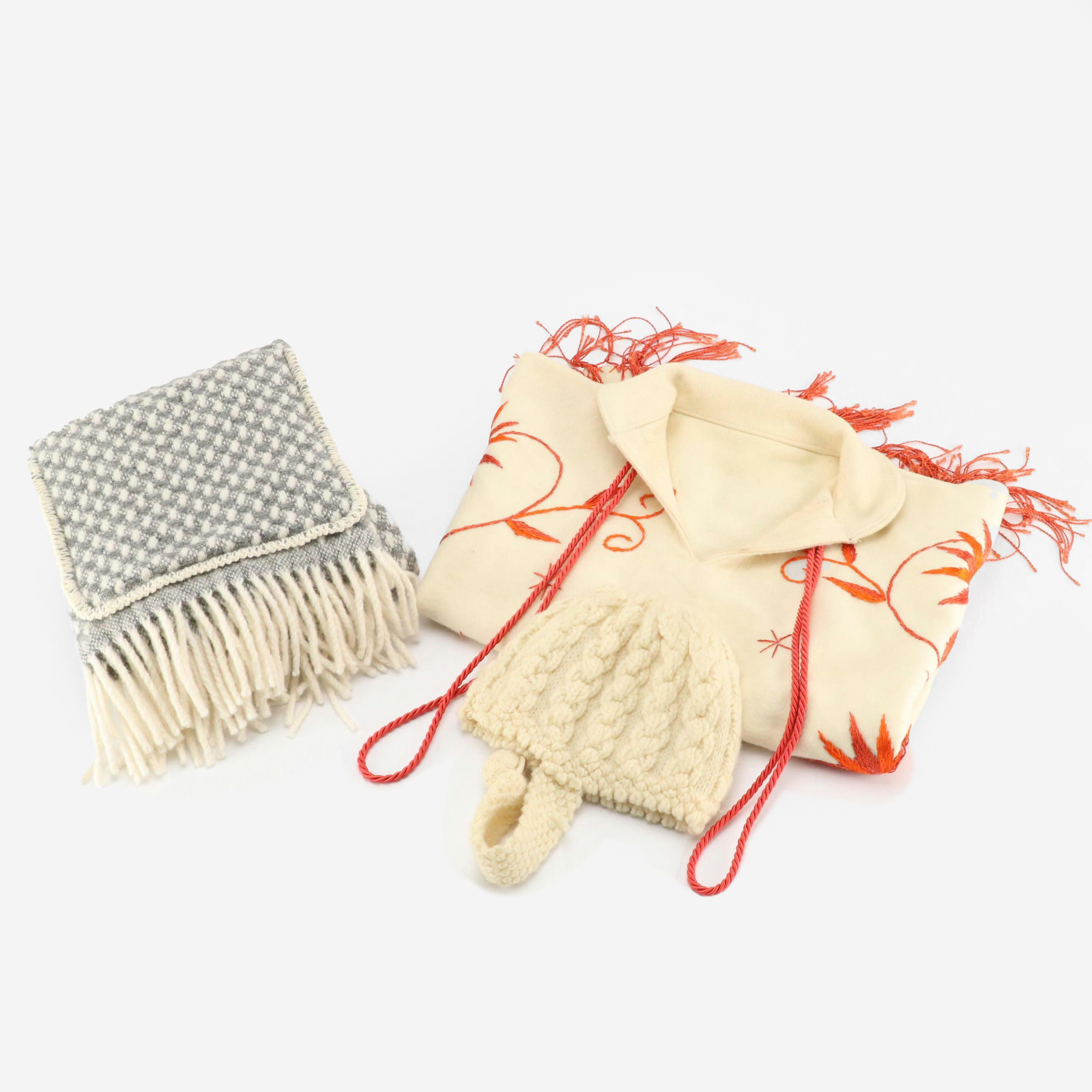 Vintage Zwicker Wool Knit Beanie, Large Scarf and Embroidered Fringe Poncho