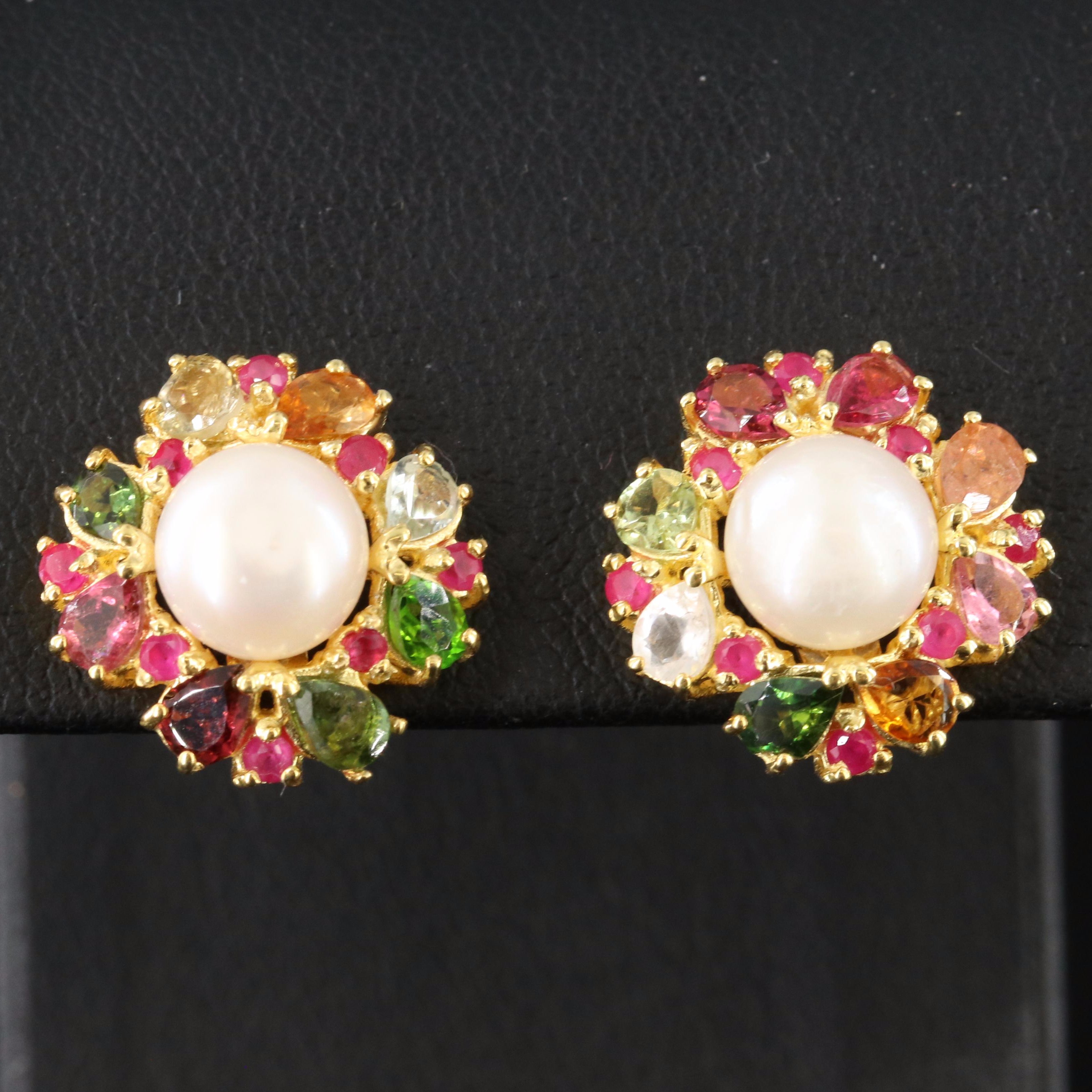 Sterling Pearl, Tourmaline and Ruby Earrings