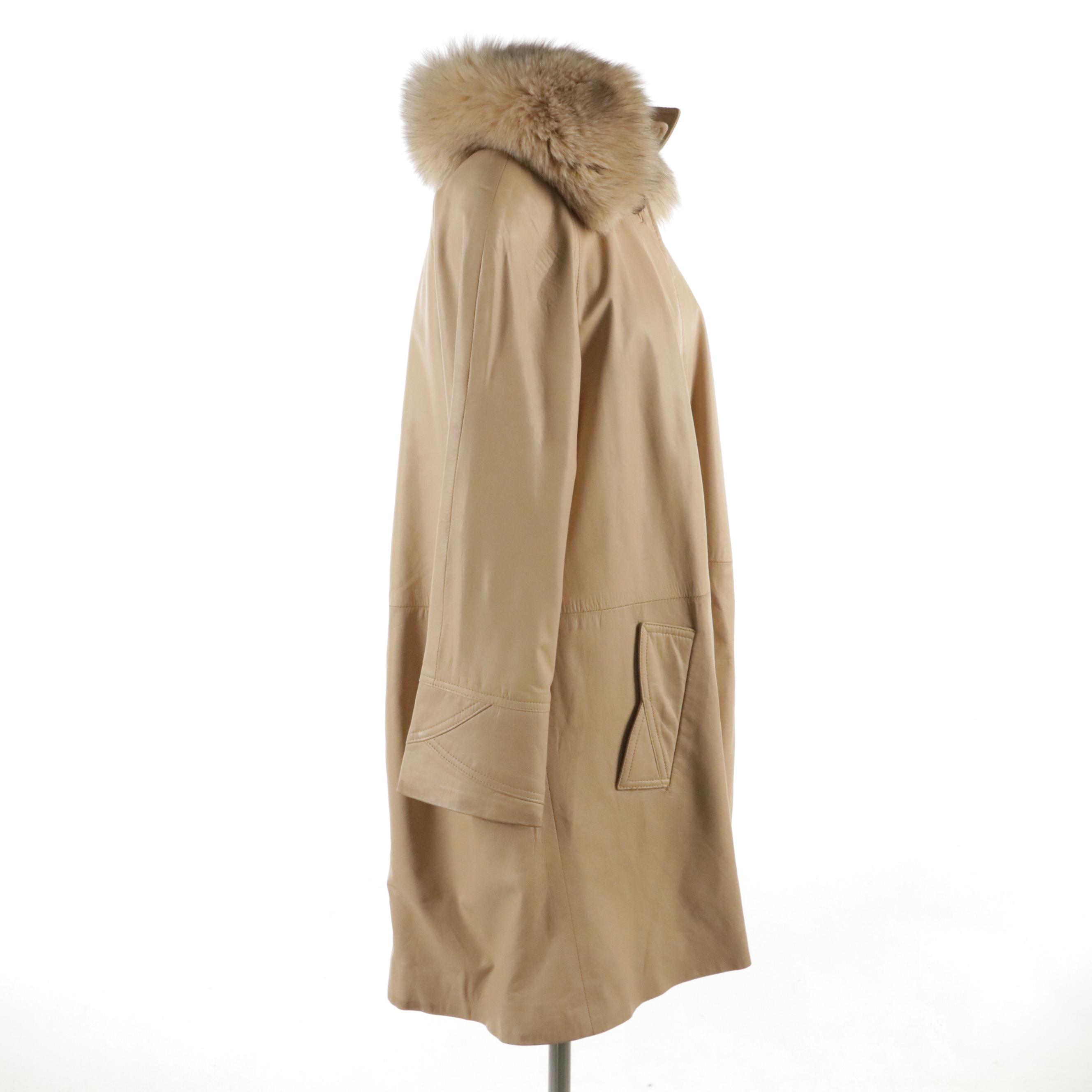 Vericci Beige Leather Jacket with Detachable Fox Fur Collar