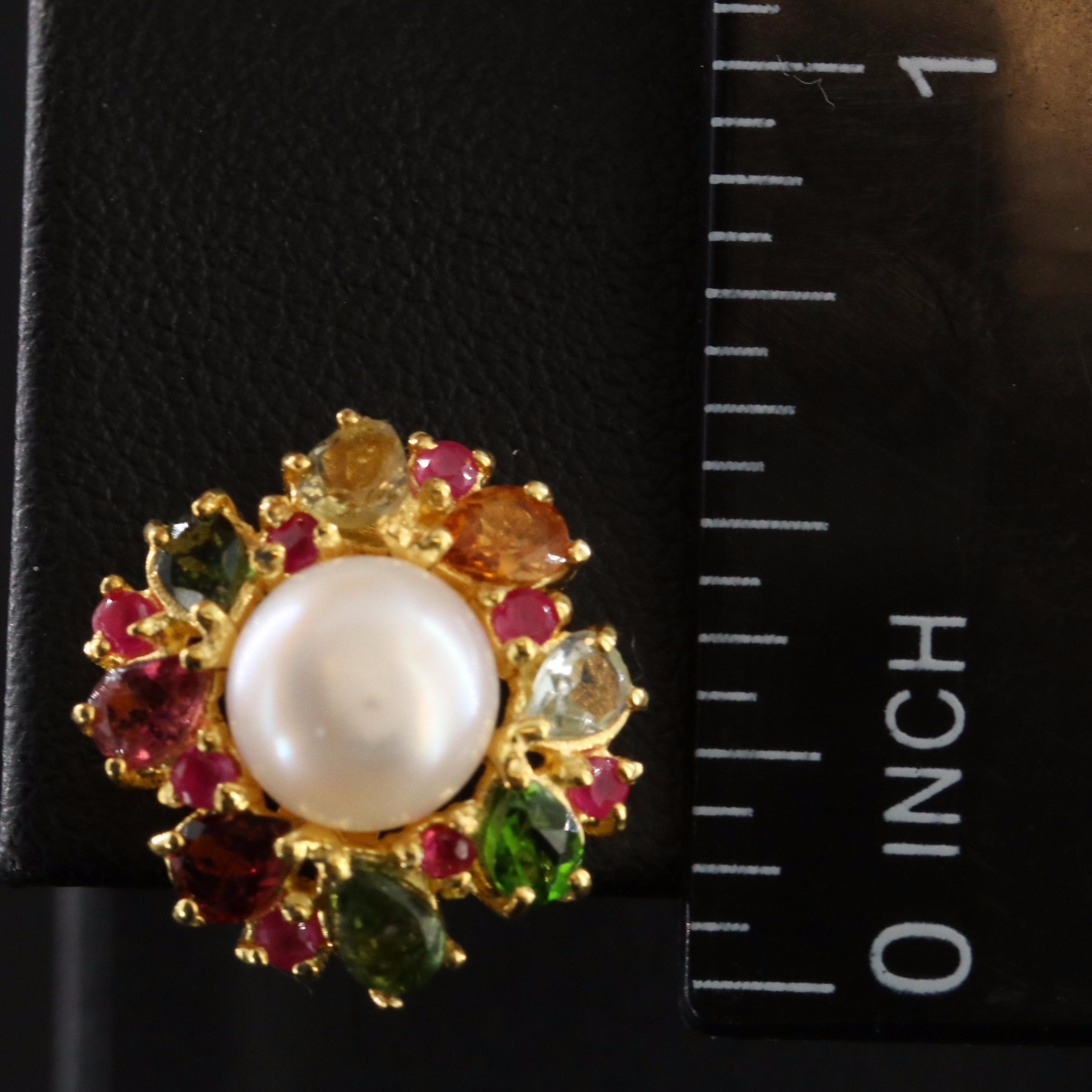 Sterling Pearl, Tourmaline and Ruby Earrings