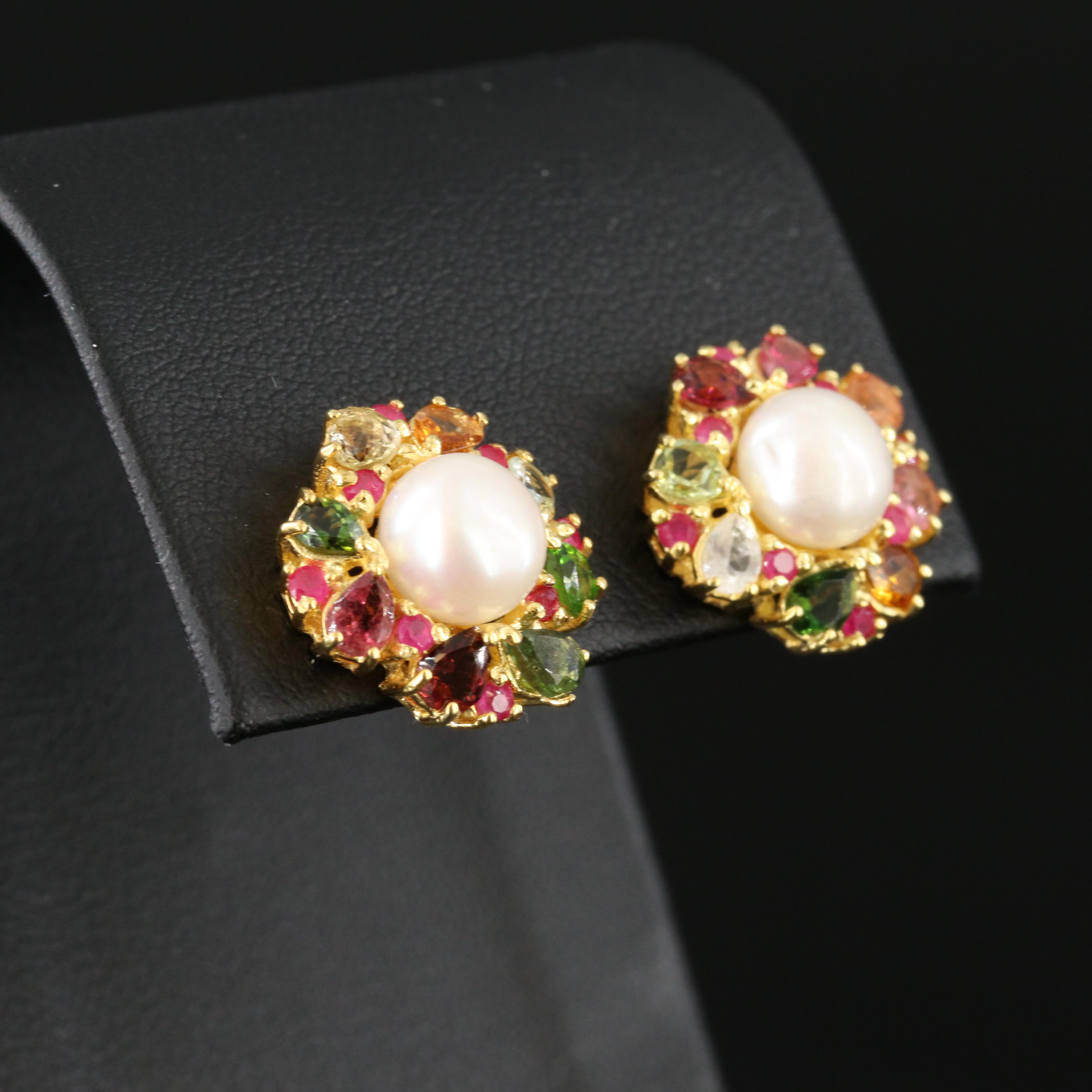 Sterling Pearl, Tourmaline and Ruby Earrings