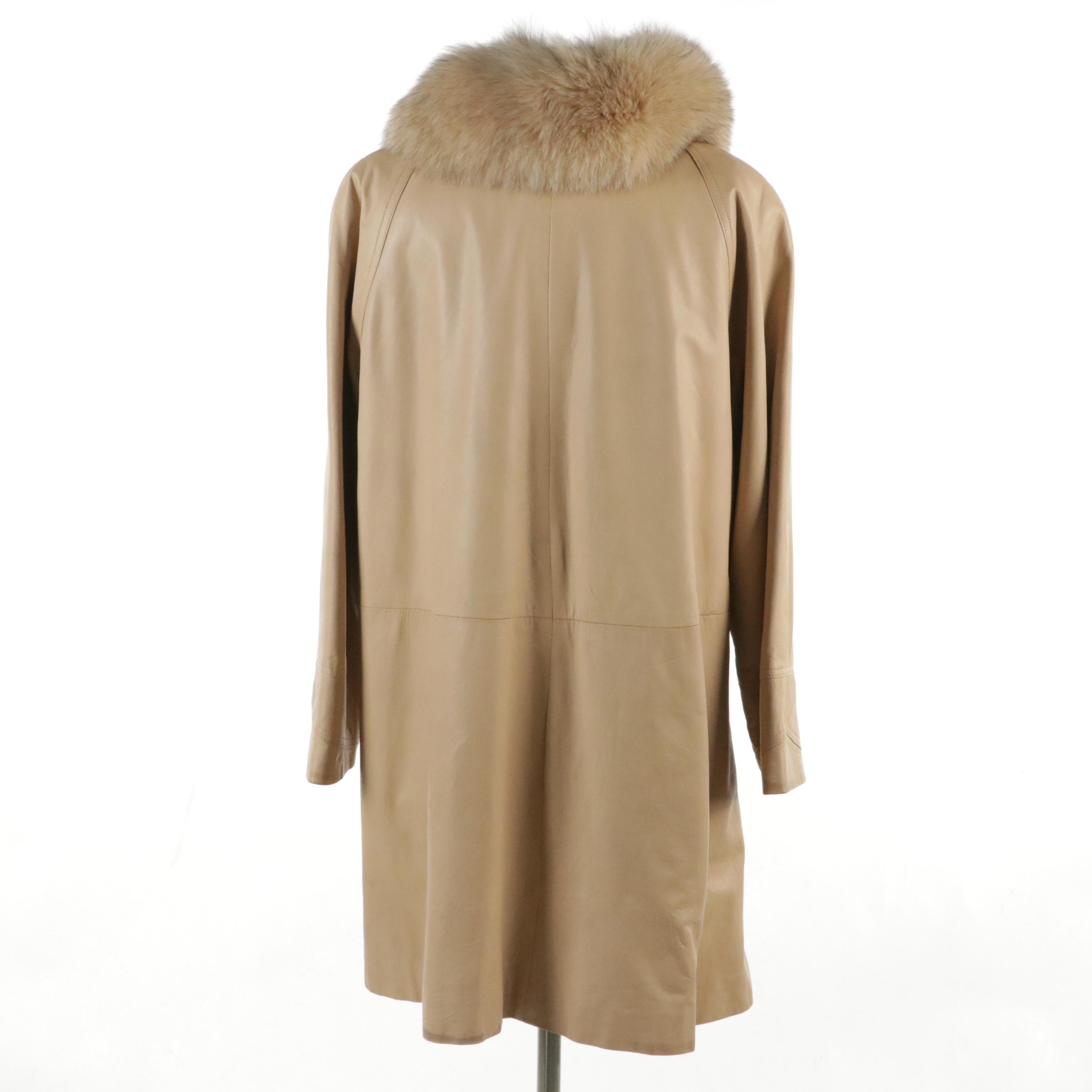 Vericci Beige Leather Jacket with Detachable Fox Fur Collar