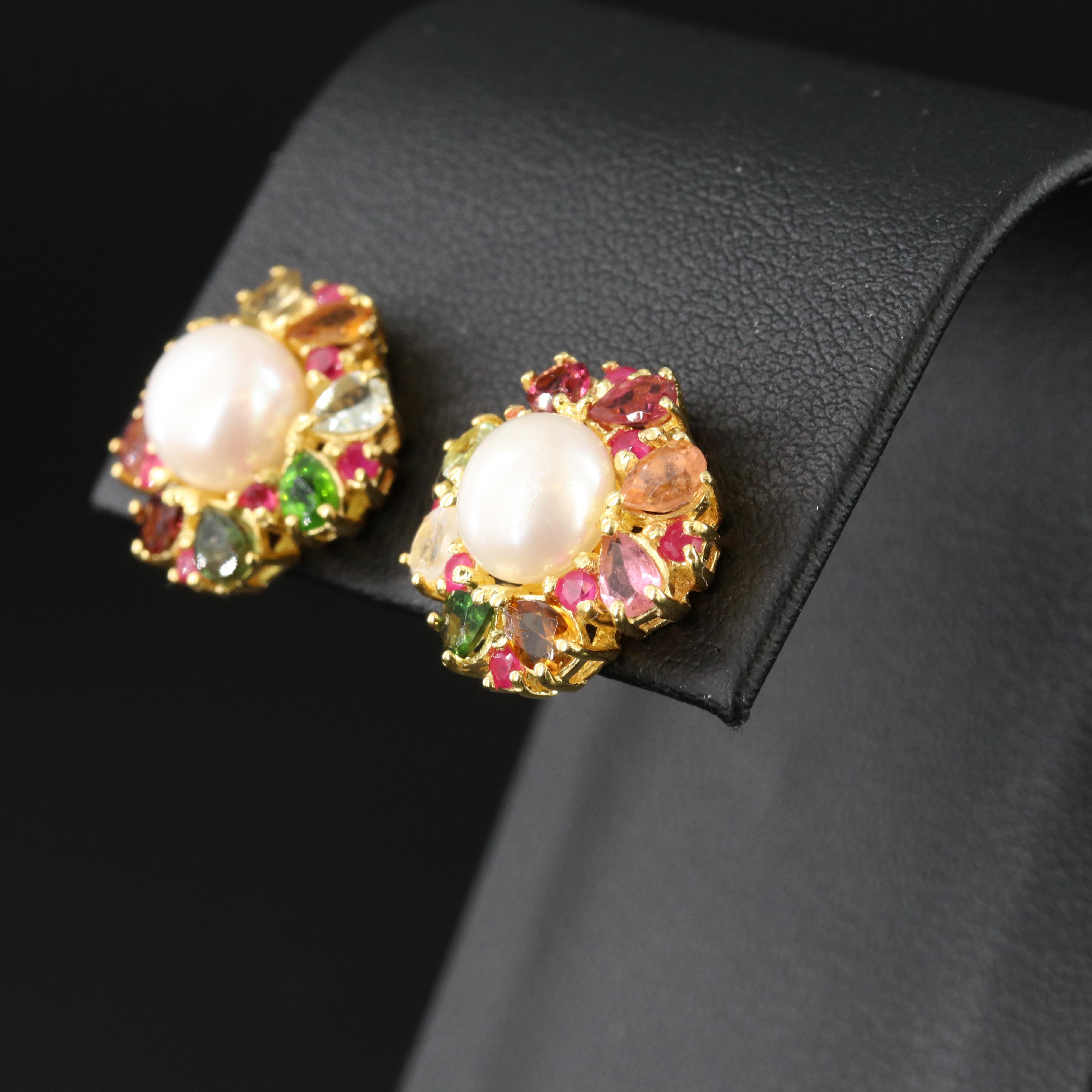 Sterling Pearl, Tourmaline and Ruby Earrings