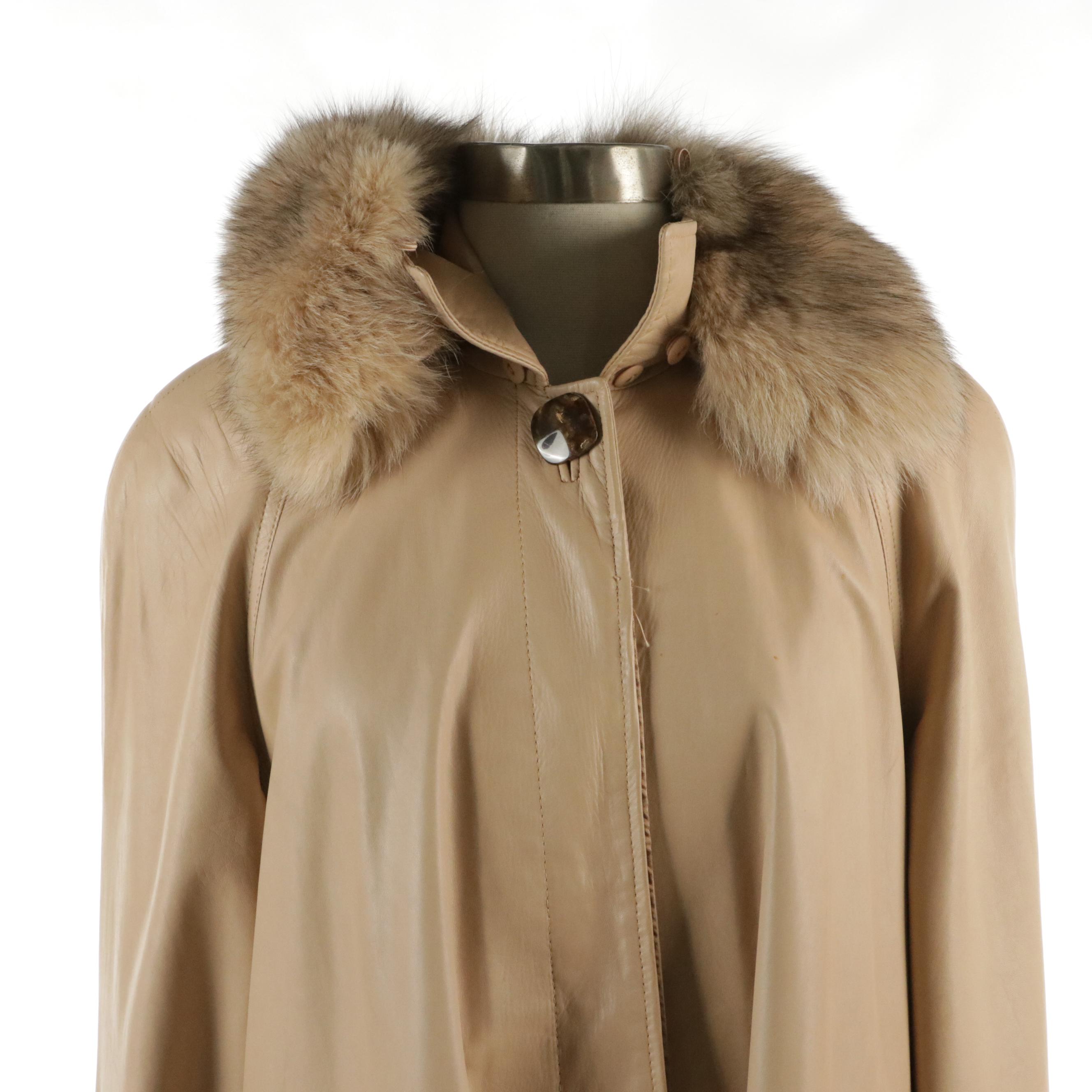 Vericci Beige Leather Jacket with Detachable Fox Fur Collar