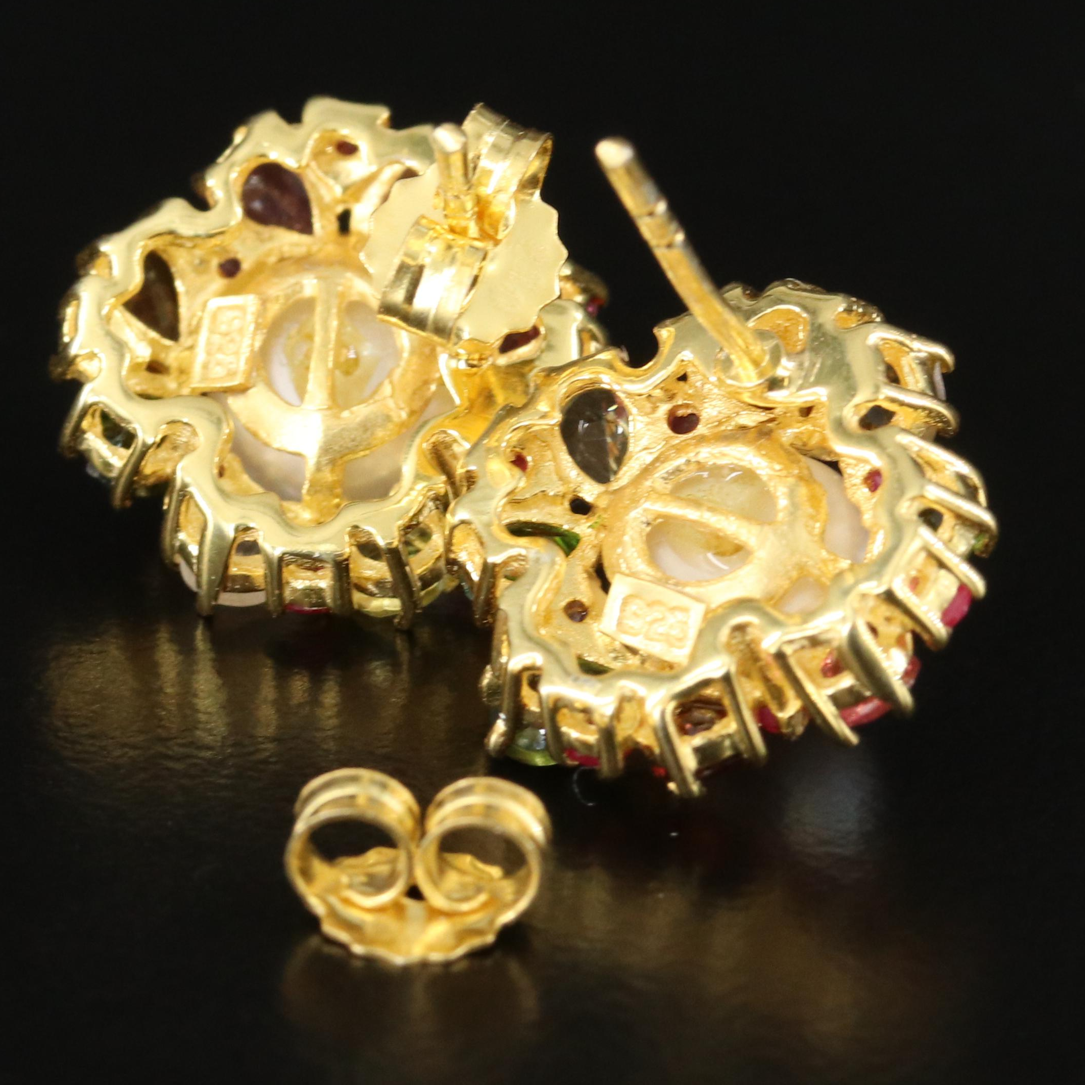 Sterling Pearl, Tourmaline and Ruby Earrings