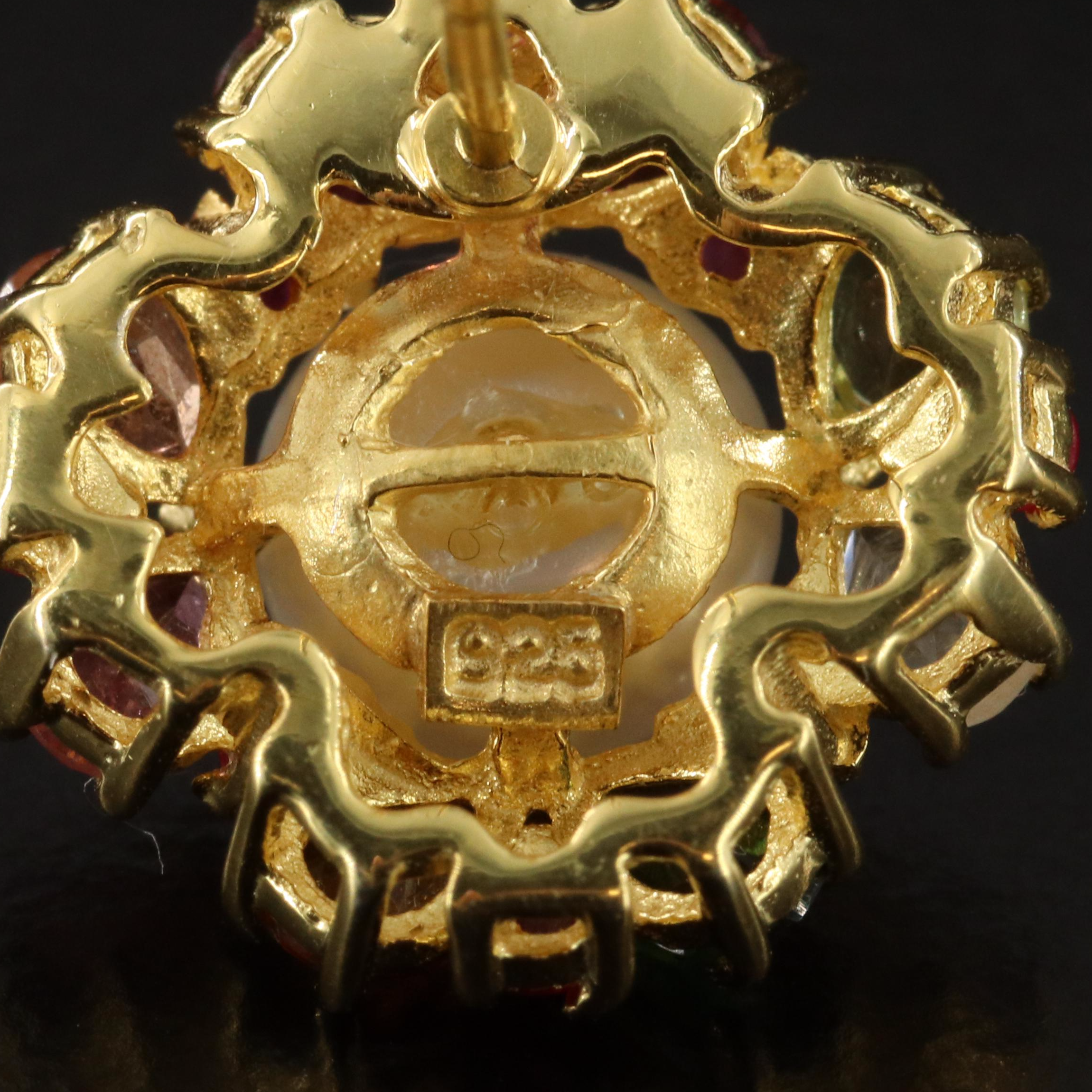 Sterling Pearl, Tourmaline and Ruby Earrings