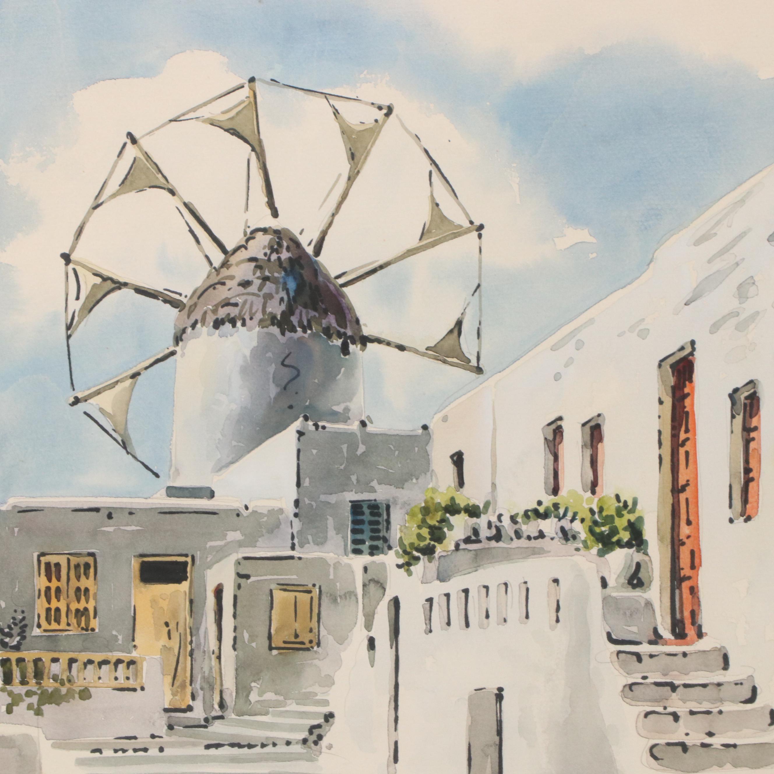 Mykonos Cityscape Watercolor Painting of Windmill, Late 20th Century