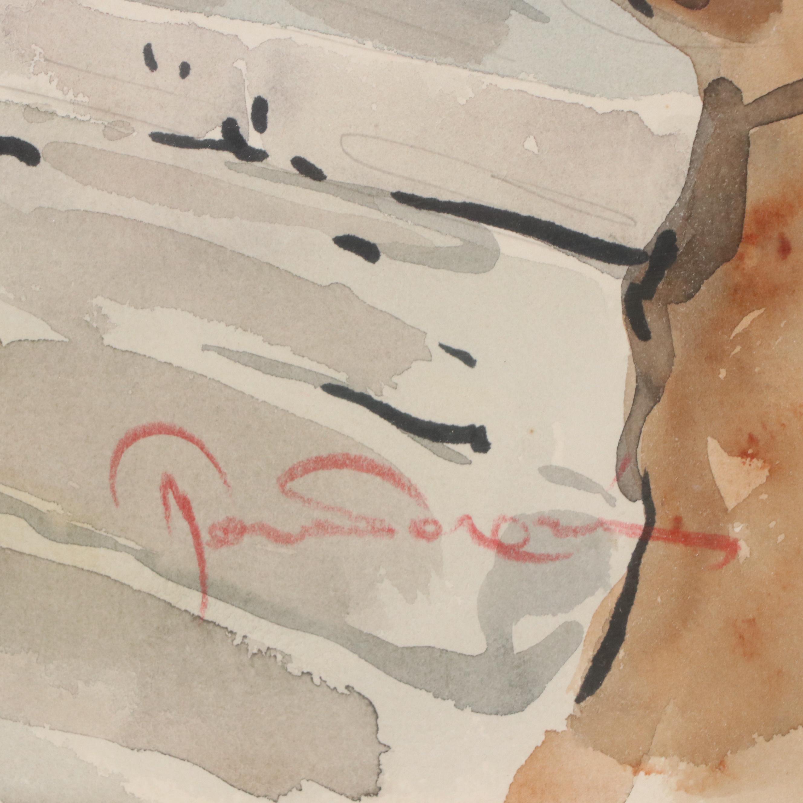 Mykonos Cityscape Watercolor Painting of Windmill, Late 20th Century