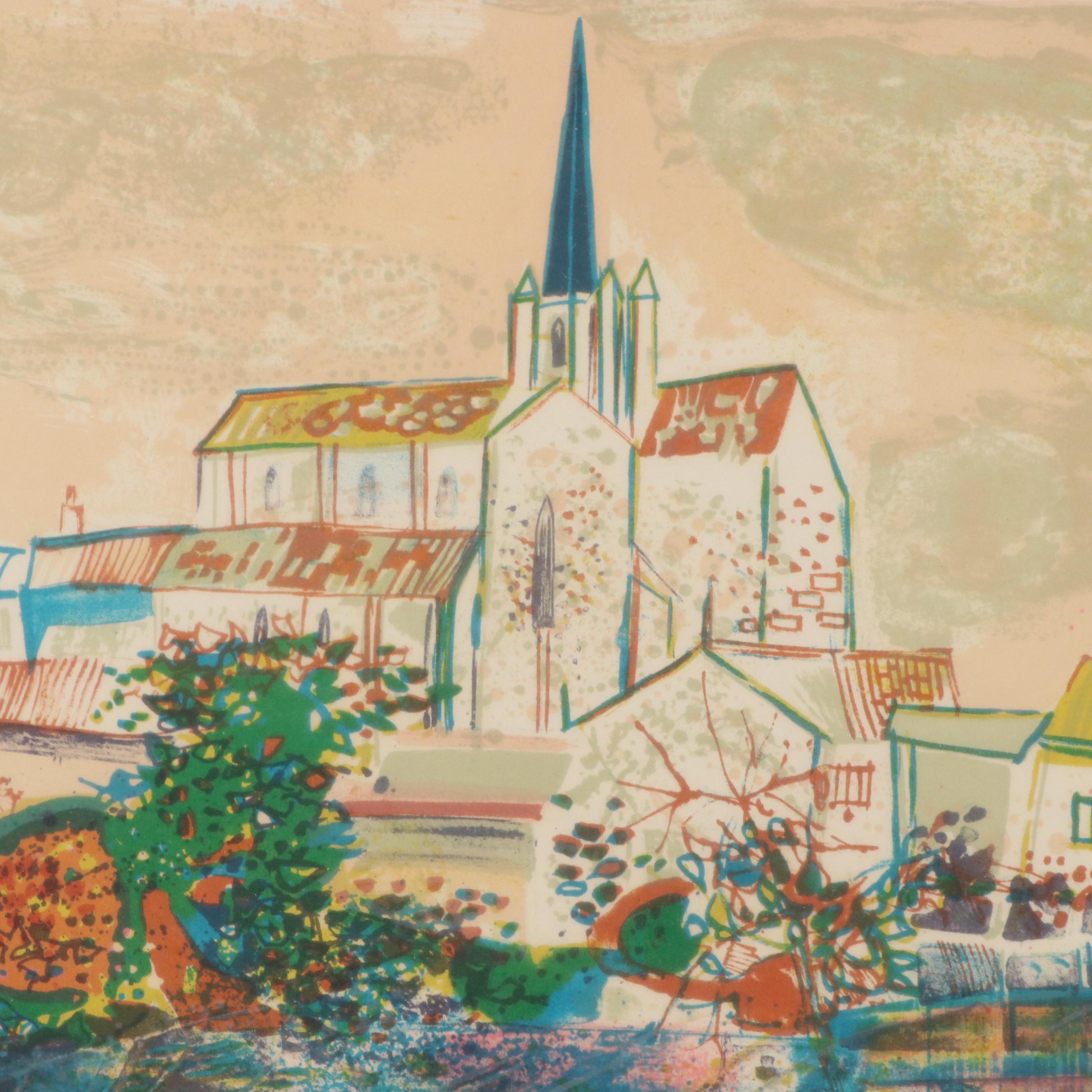 Expressionistic Style Lithograph of European Village Scene with Cathedral