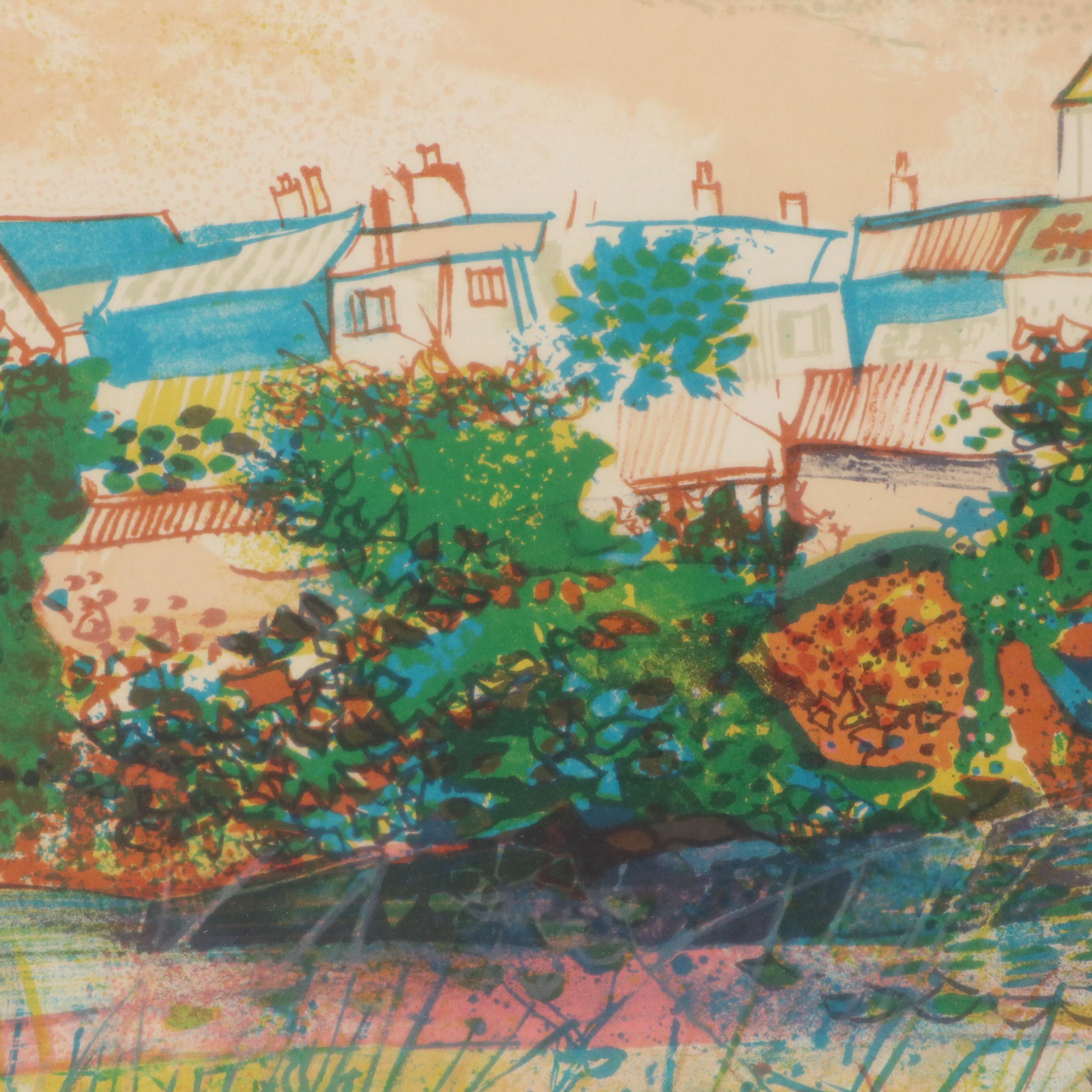 Expressionistic Style Lithograph of European Village Scene with Cathedral