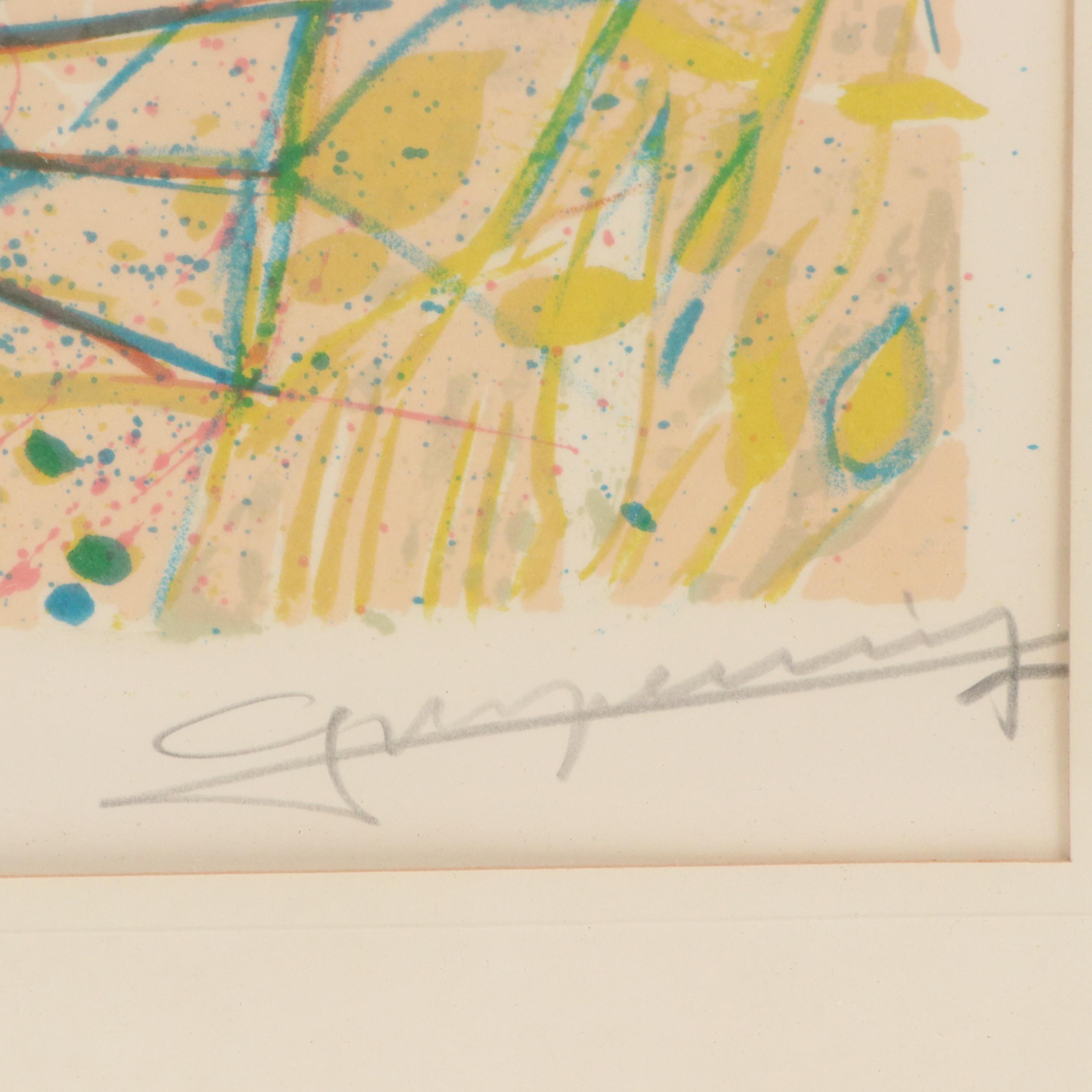 Expressionistic Style Lithograph of European Village Scene with Cathedral