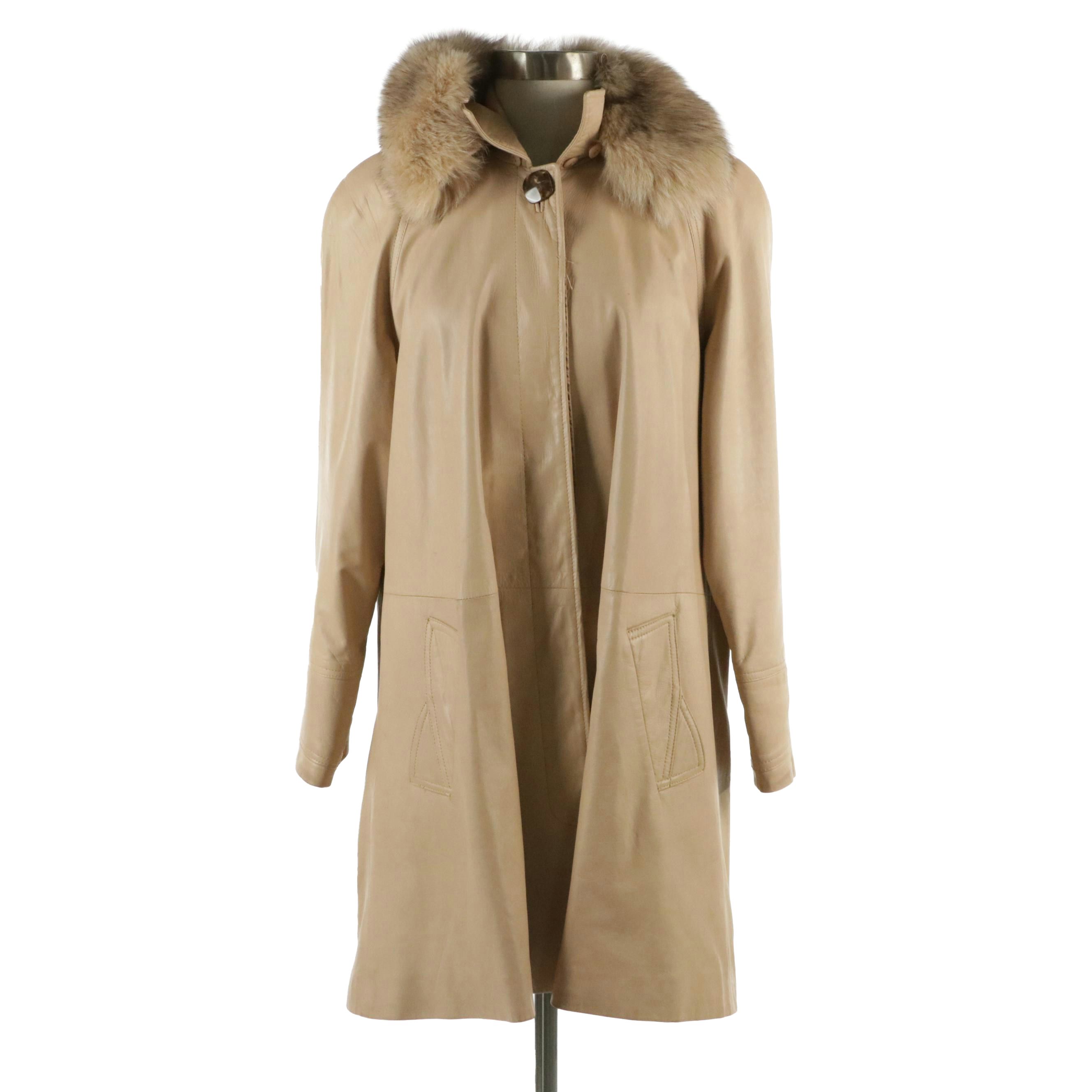 Vericci Beige Leather Jacket with Detachable Fox Fur Collar