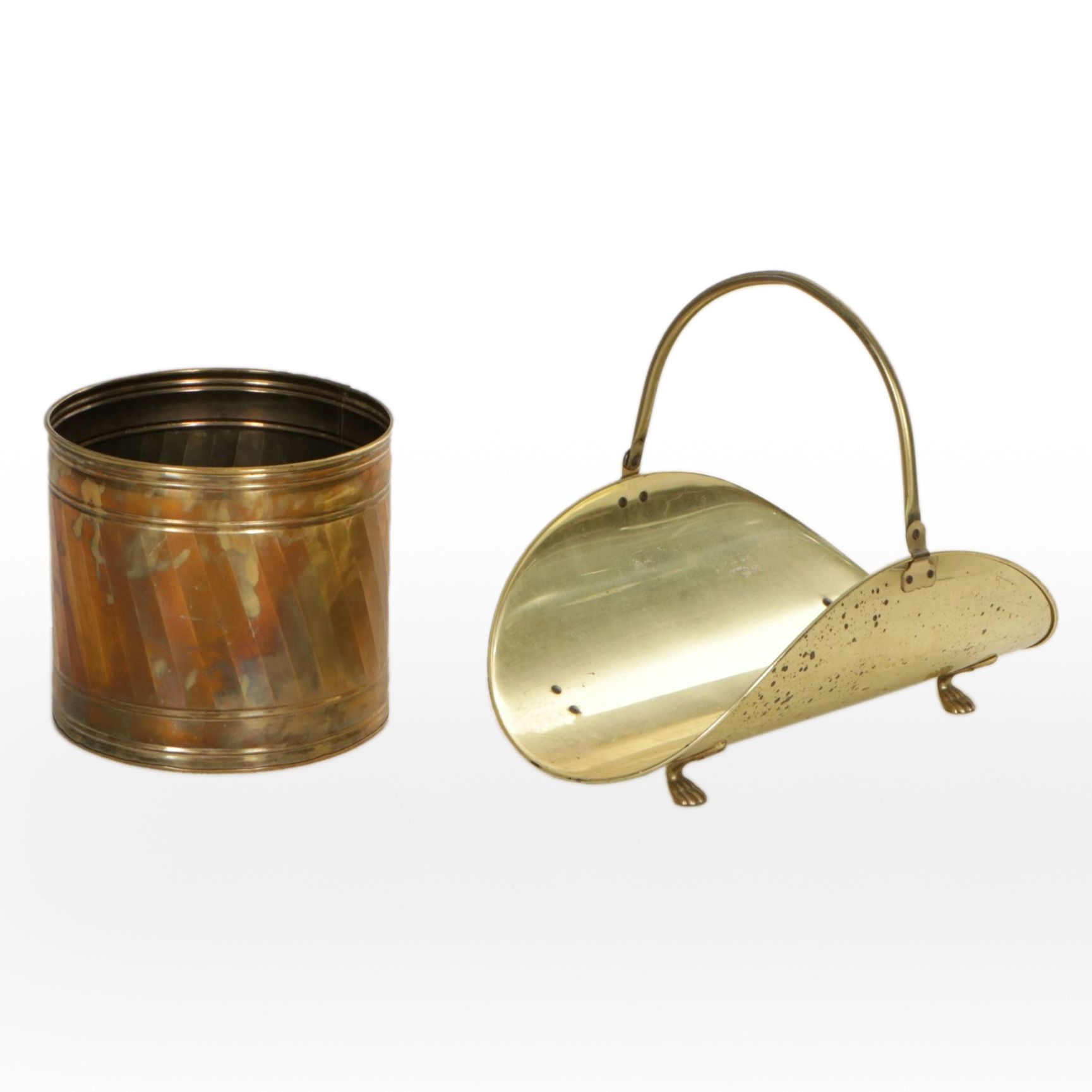 Footed Brass Firewood Holder with Brass Kindling Bucket
