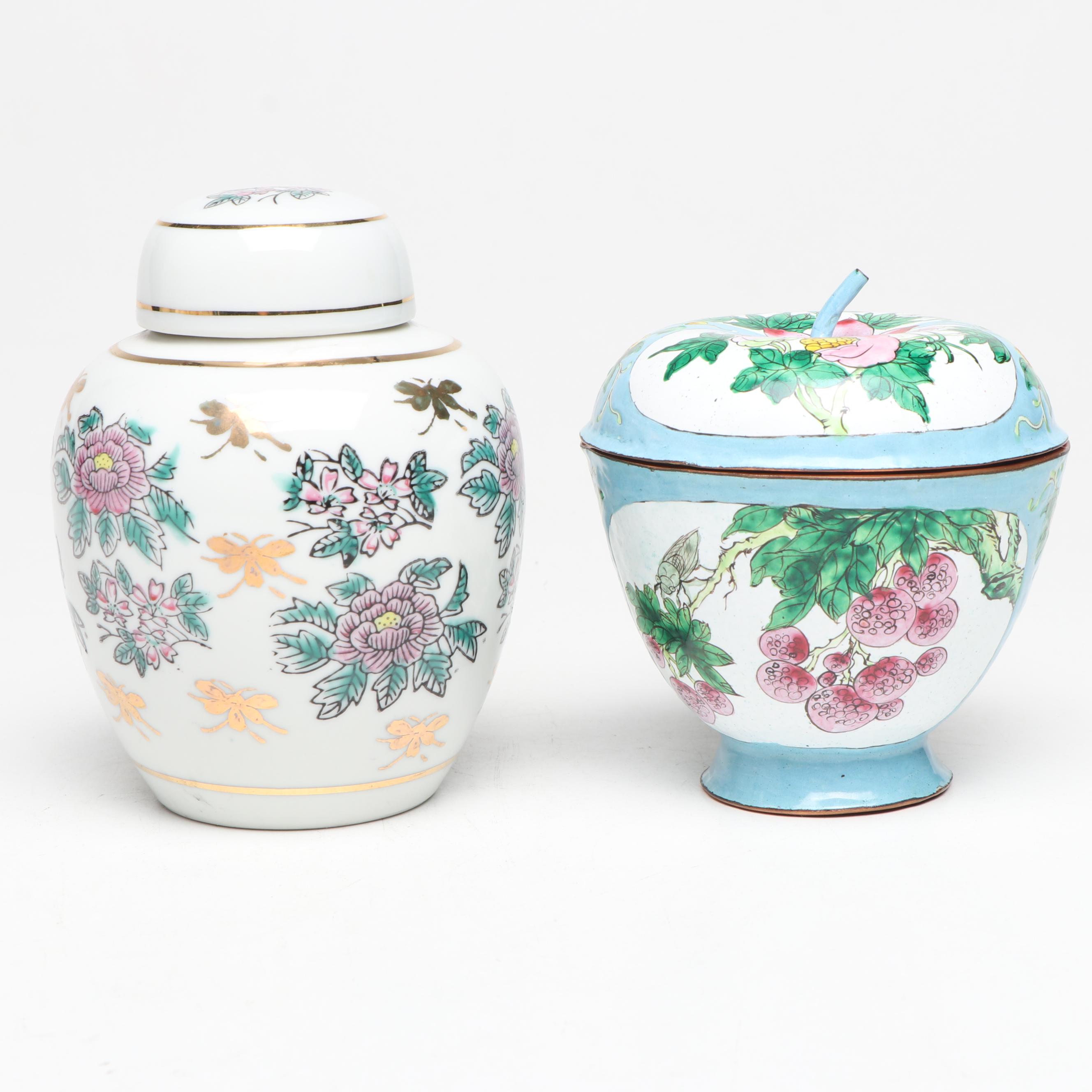 Chinese Enamel Covered Dish with Other Porcelain Décor