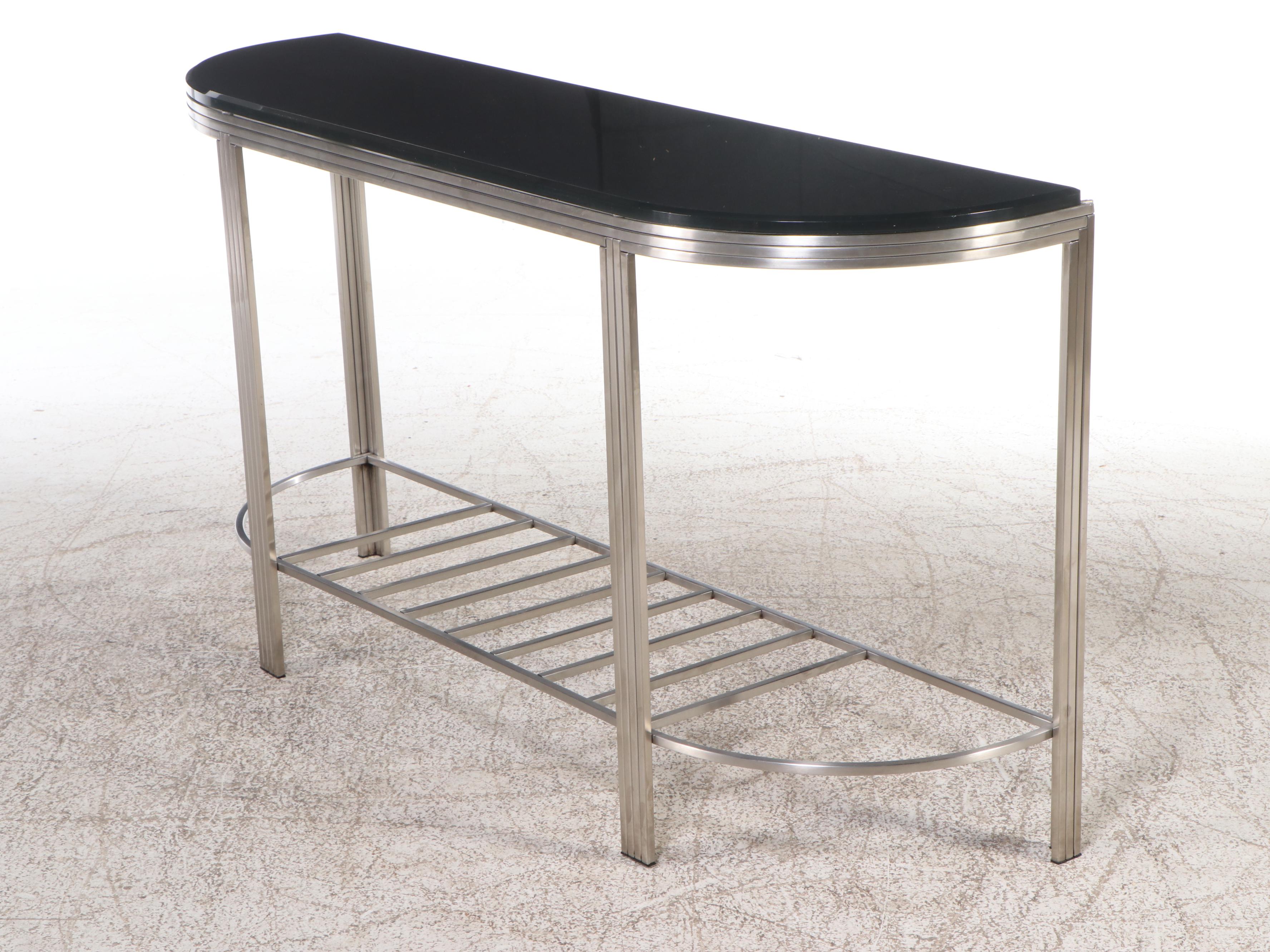 Modernist Style Black Glass and Metal Console Table
