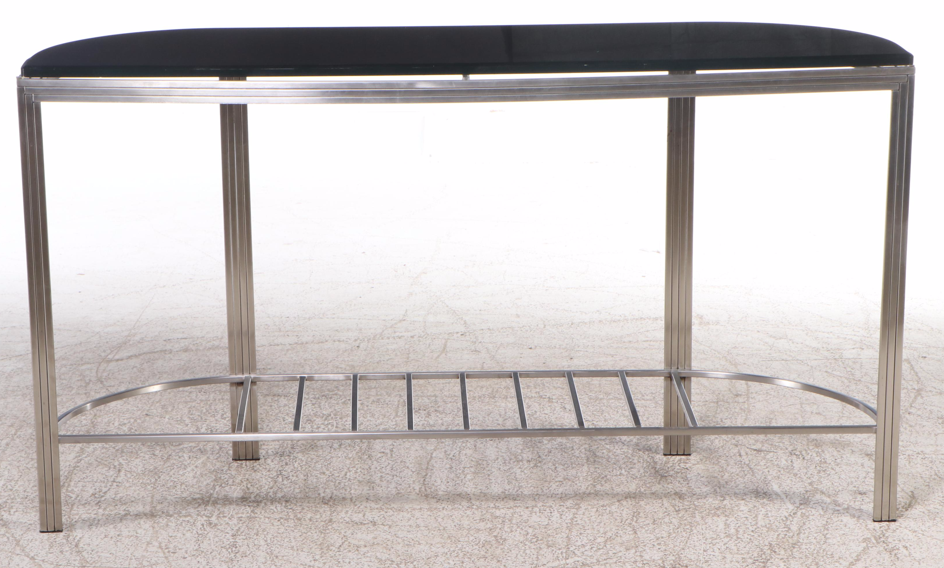 Modernist Style Black Glass and Metal Console Table