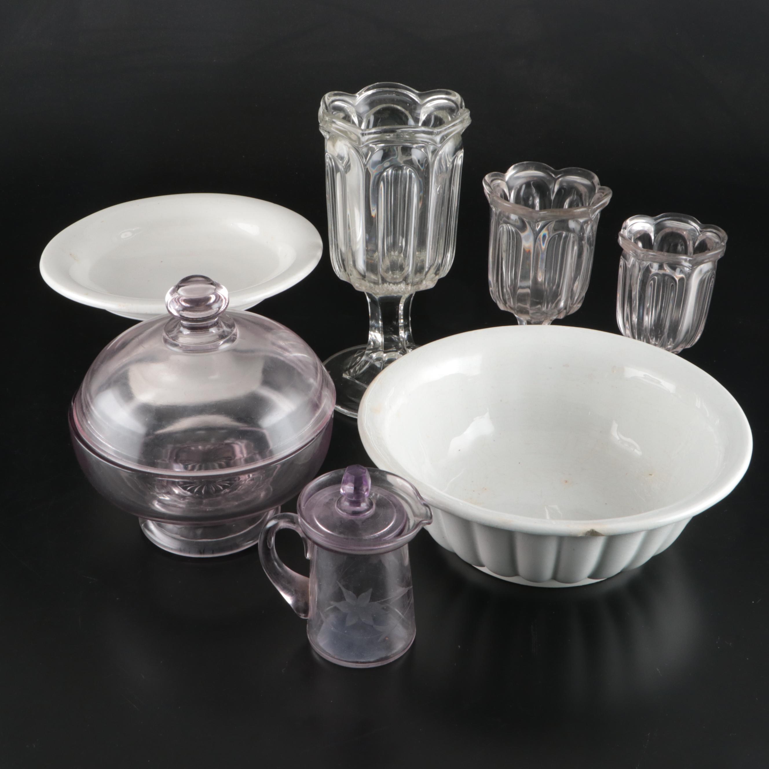 Tulip Glass Vases with Milk Glass Cake Stand and Bowl with Other Glassware