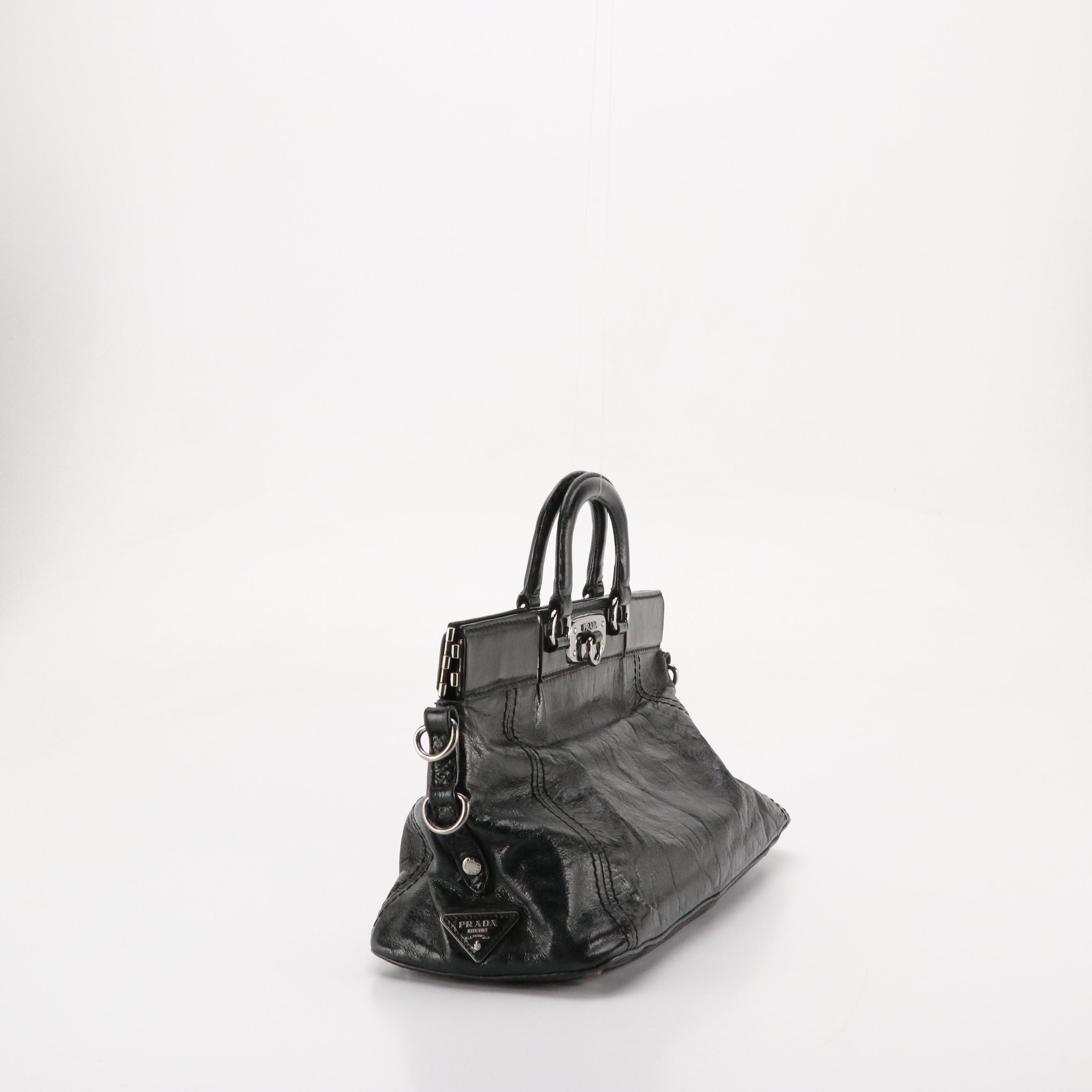 Prada Hinge Framed Two-Way Bag in Black Distressed Vitello Calfskin Leather