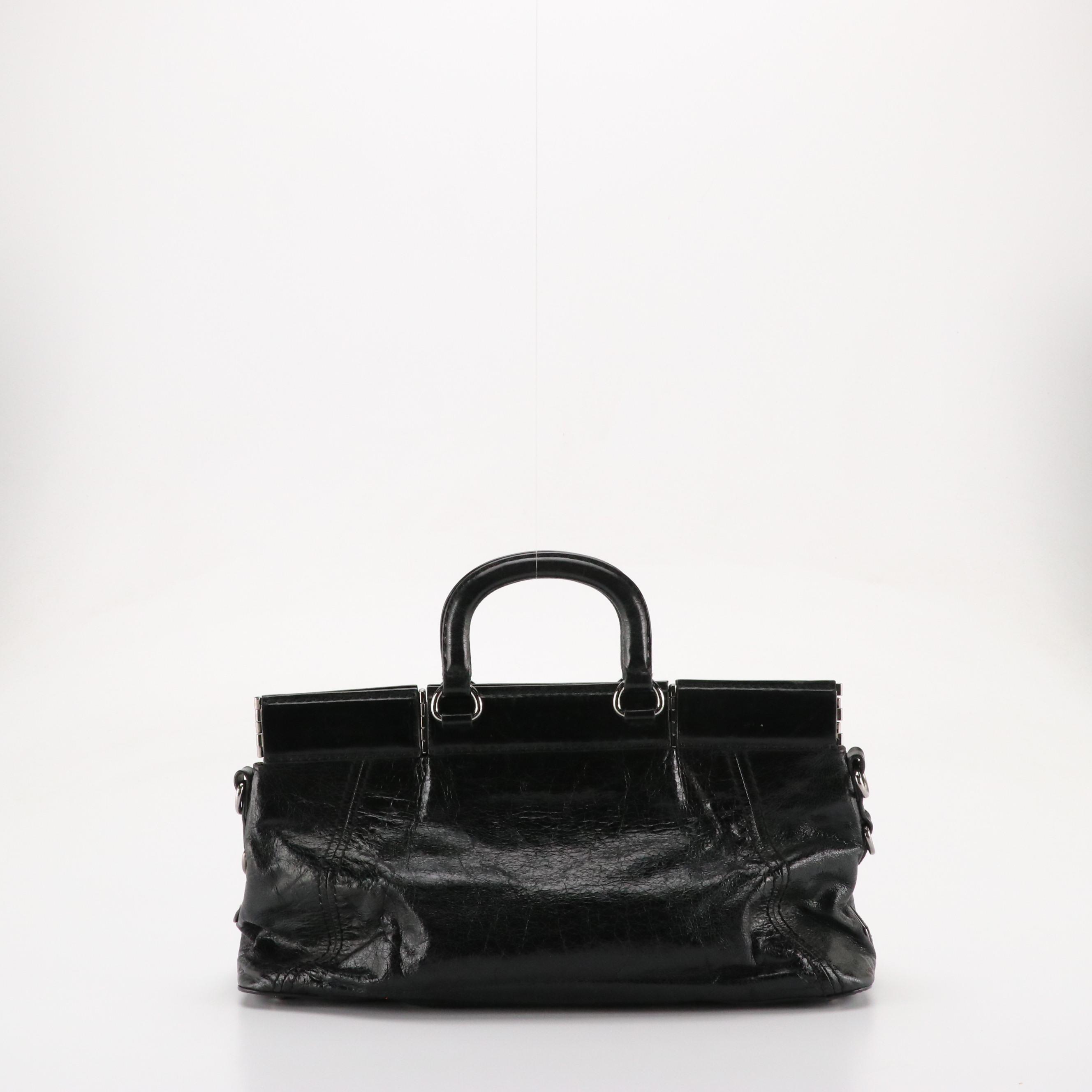 Prada Hinge Framed Two-Way Bag in Black Distressed Vitello Calfskin Leather