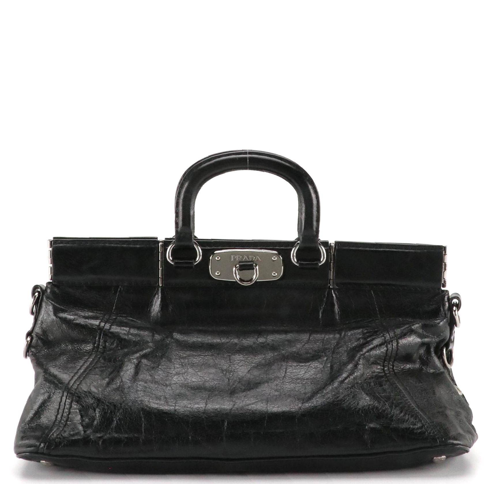 Prada Hinge Framed Two-Way Bag in Black Distressed Vitello Calfskin Leather
