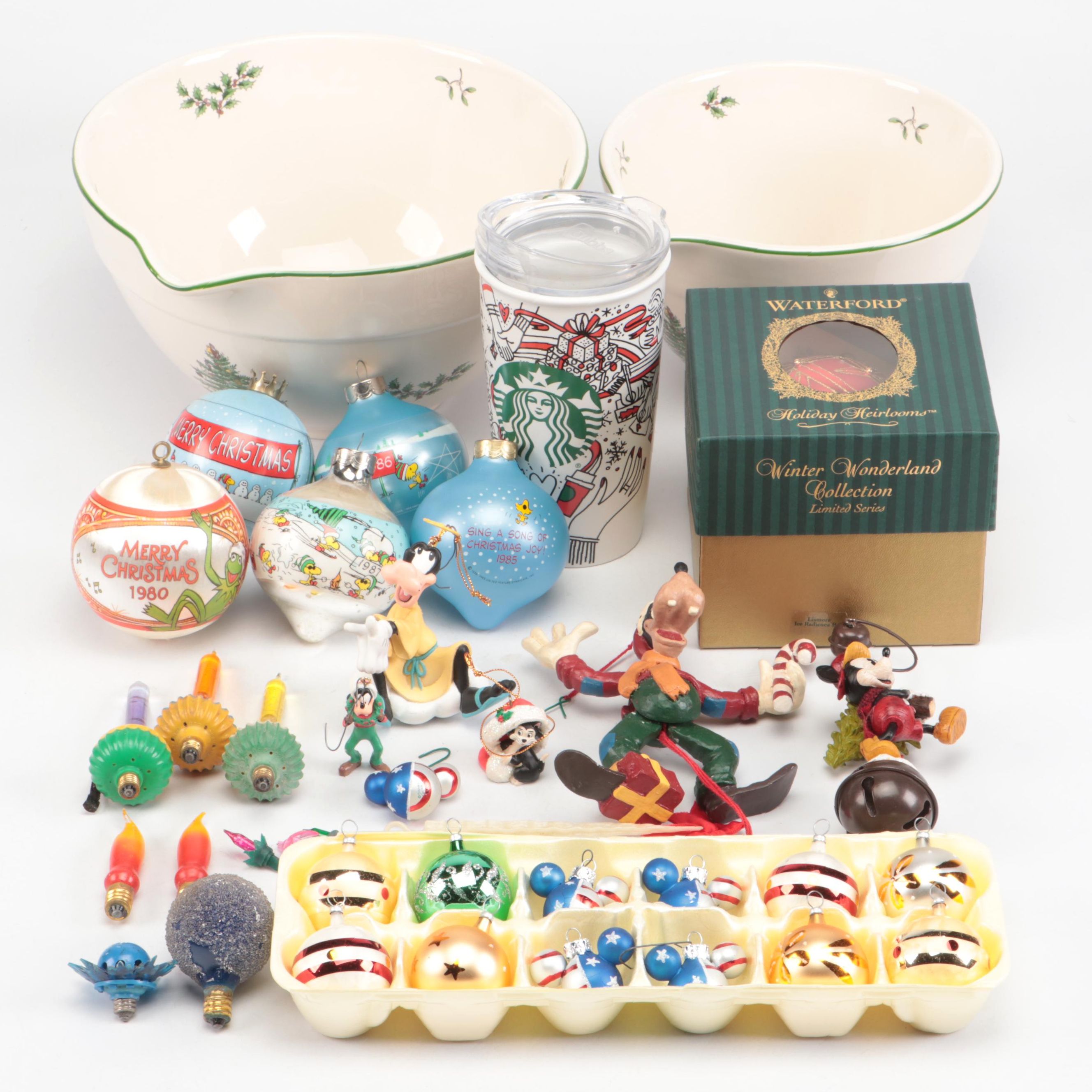 Spode "Christmas Tree" Porcelain Bowls, Waterford Glass Ornament, and More Décor