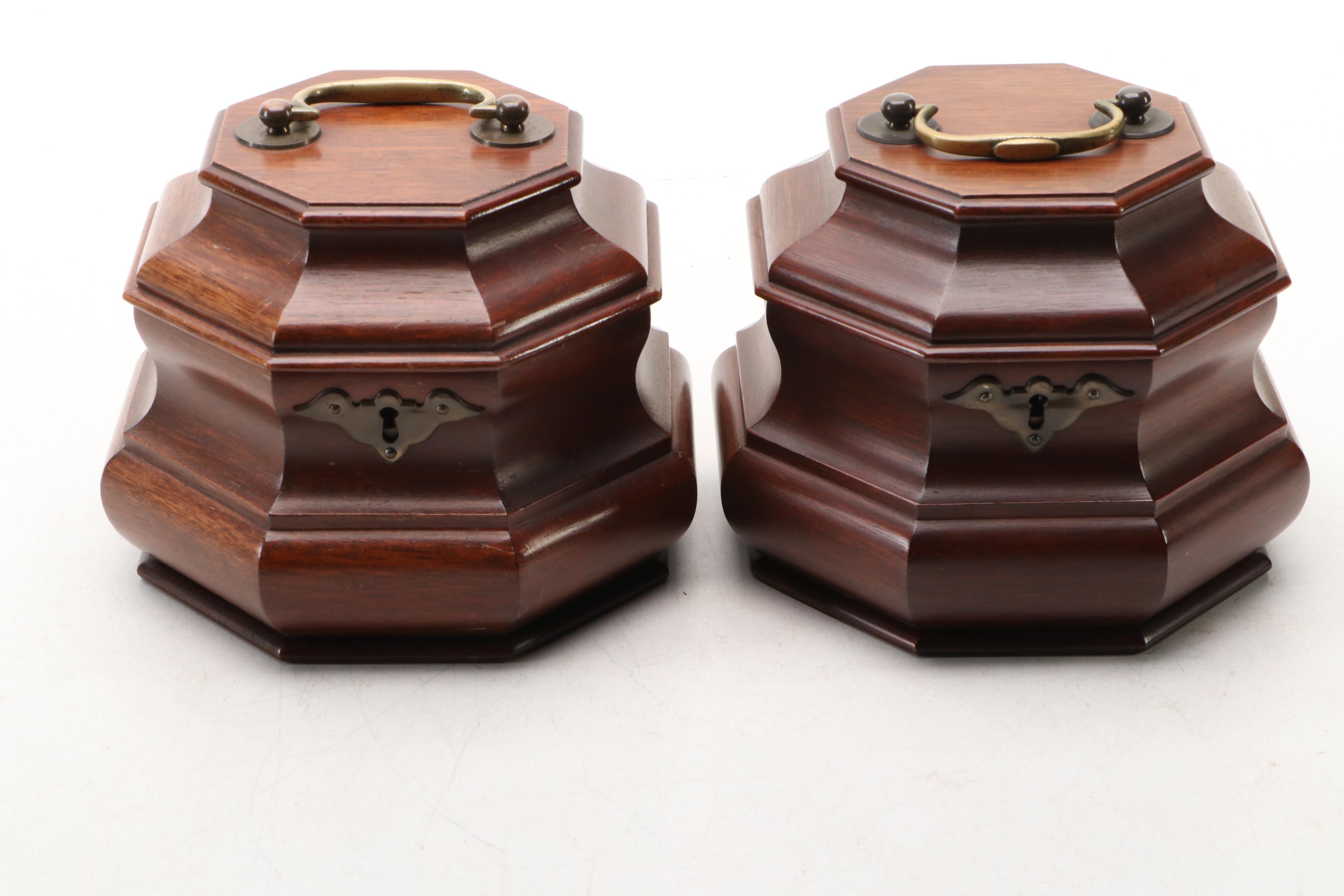 Pair of Virginia Metalcrafters Williamsburg Restoration Mahogany Tea Caddies